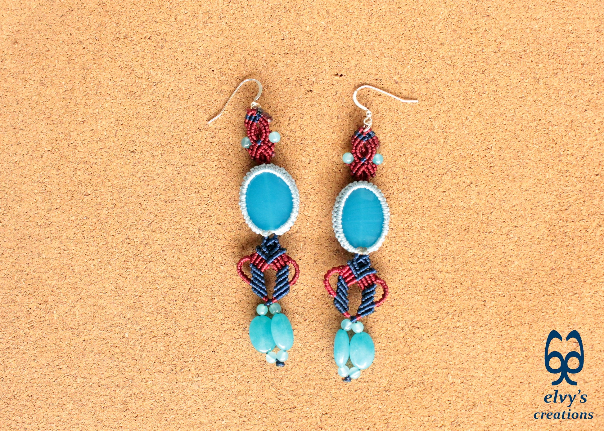 Dark Blue and Red Macrame Earrings with Blue Agate Gemstones Gift for Her Gemini Healing Macrame Stone