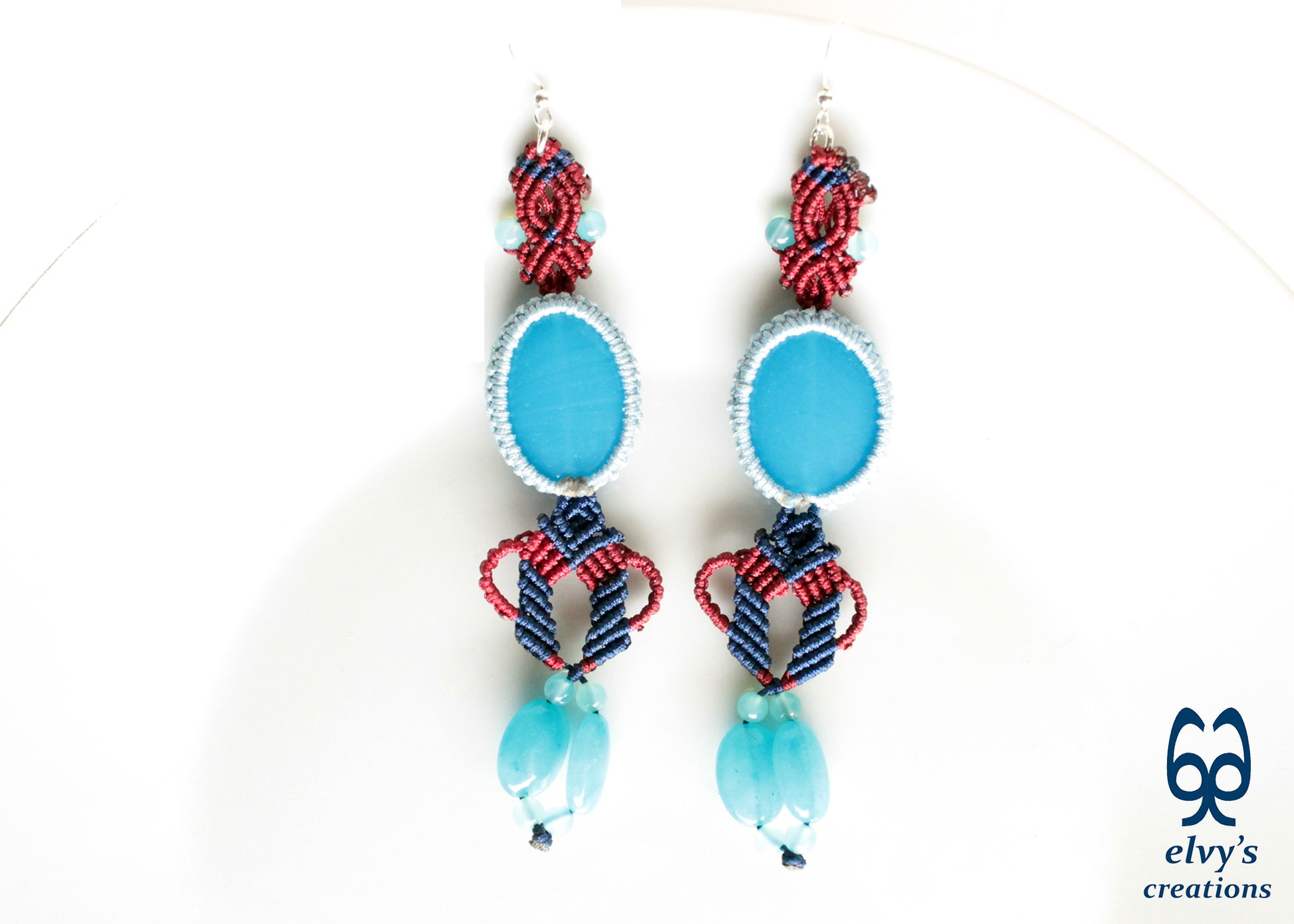 Dark Blue and Red Macrame Earrings with Blue Agate Gemstones Gift for Her Gemini Healing Macrame Stone