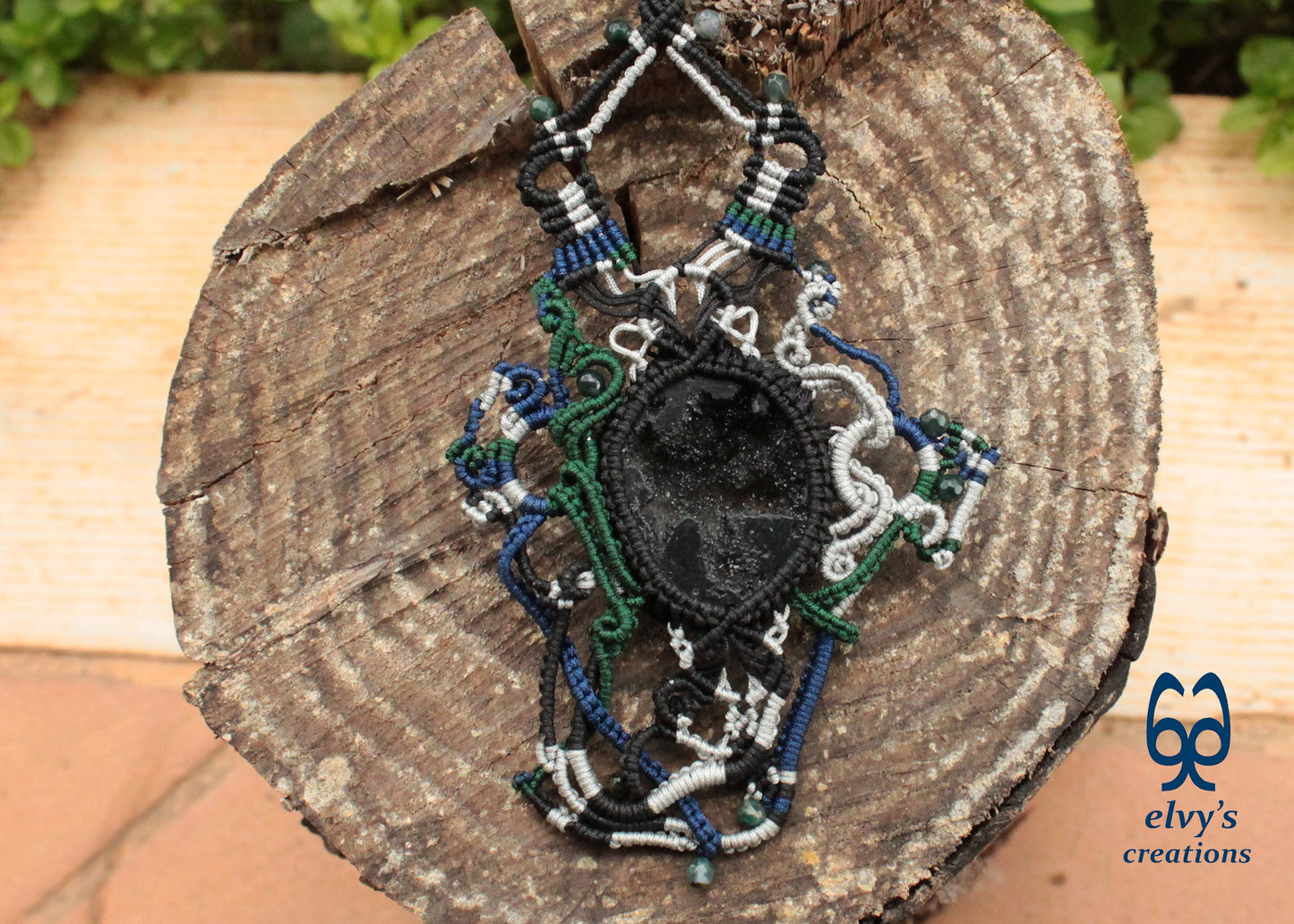 Black Agate Macrame Necklace Green Moss Agate Macrame Gemstone Necklace