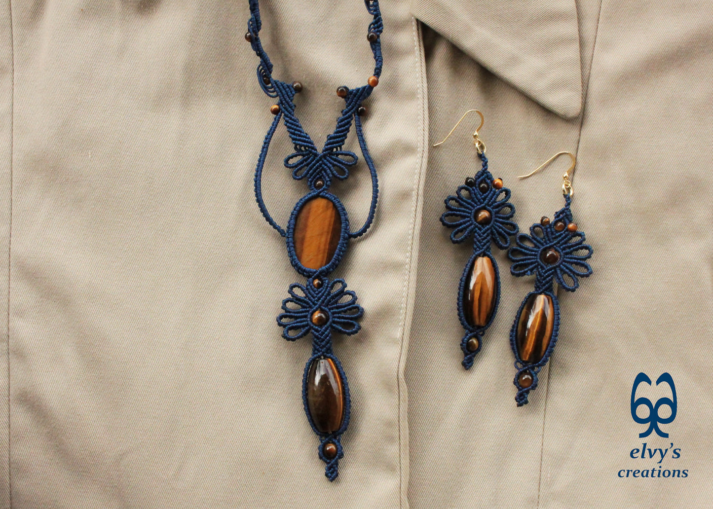 Blue Jewelry Set with Tiger Eye Gemstones Macrame Necklace and Earrings 