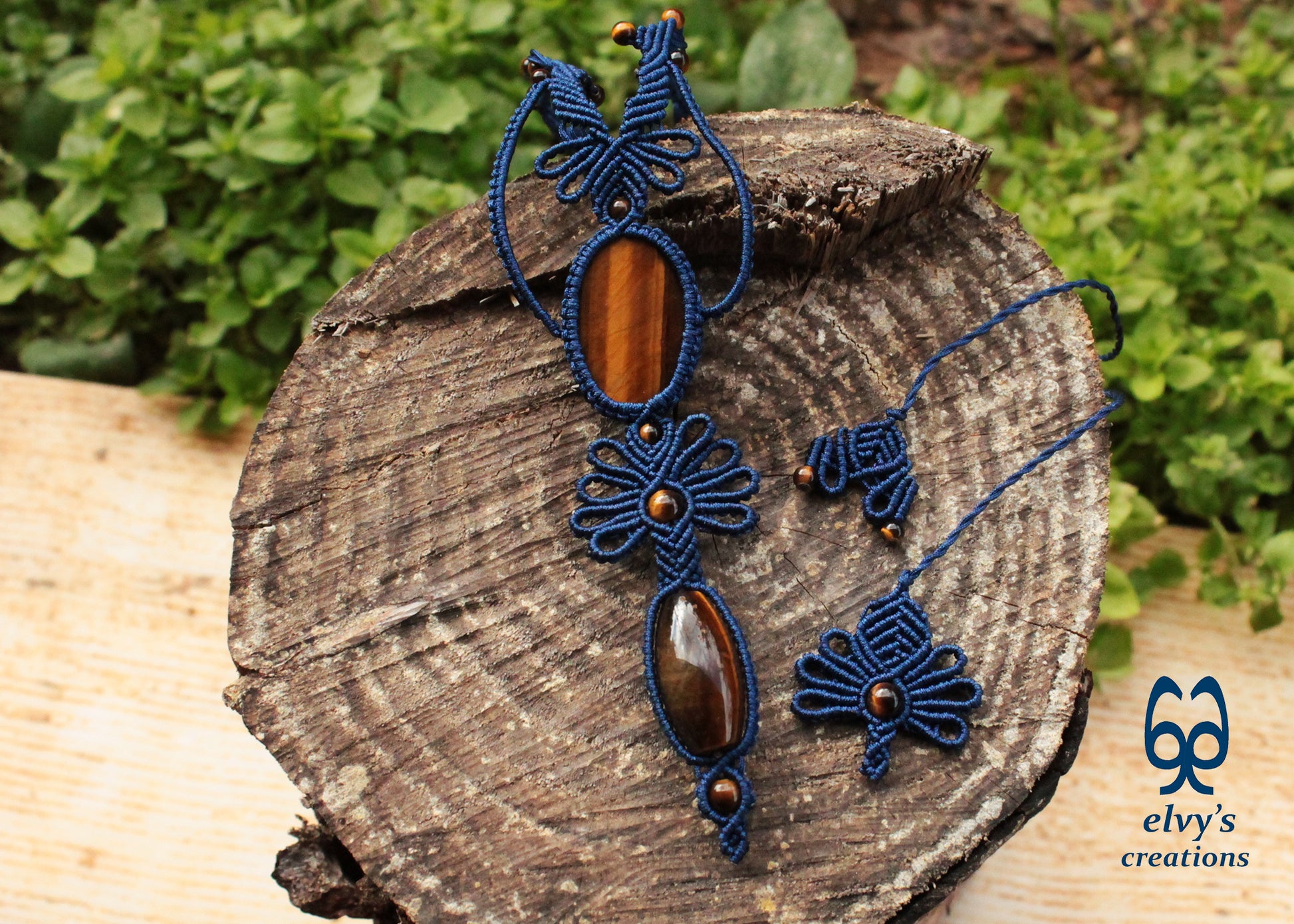 Blue Macramé Necklace with Tiger Eye Adjustable Flower Necklace Boho Blue Necklace