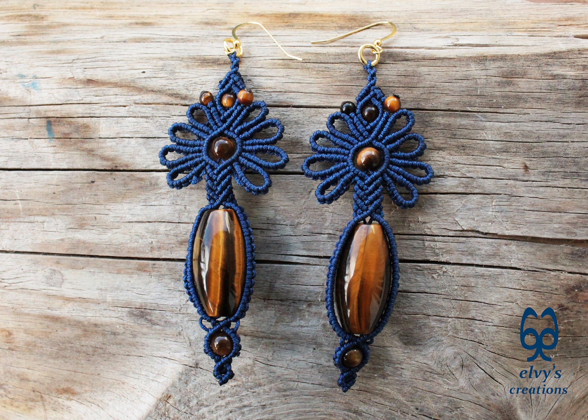 Blue Macrame Earrings with Tiger Eye Gemstones Flower Lace Silver Earrings