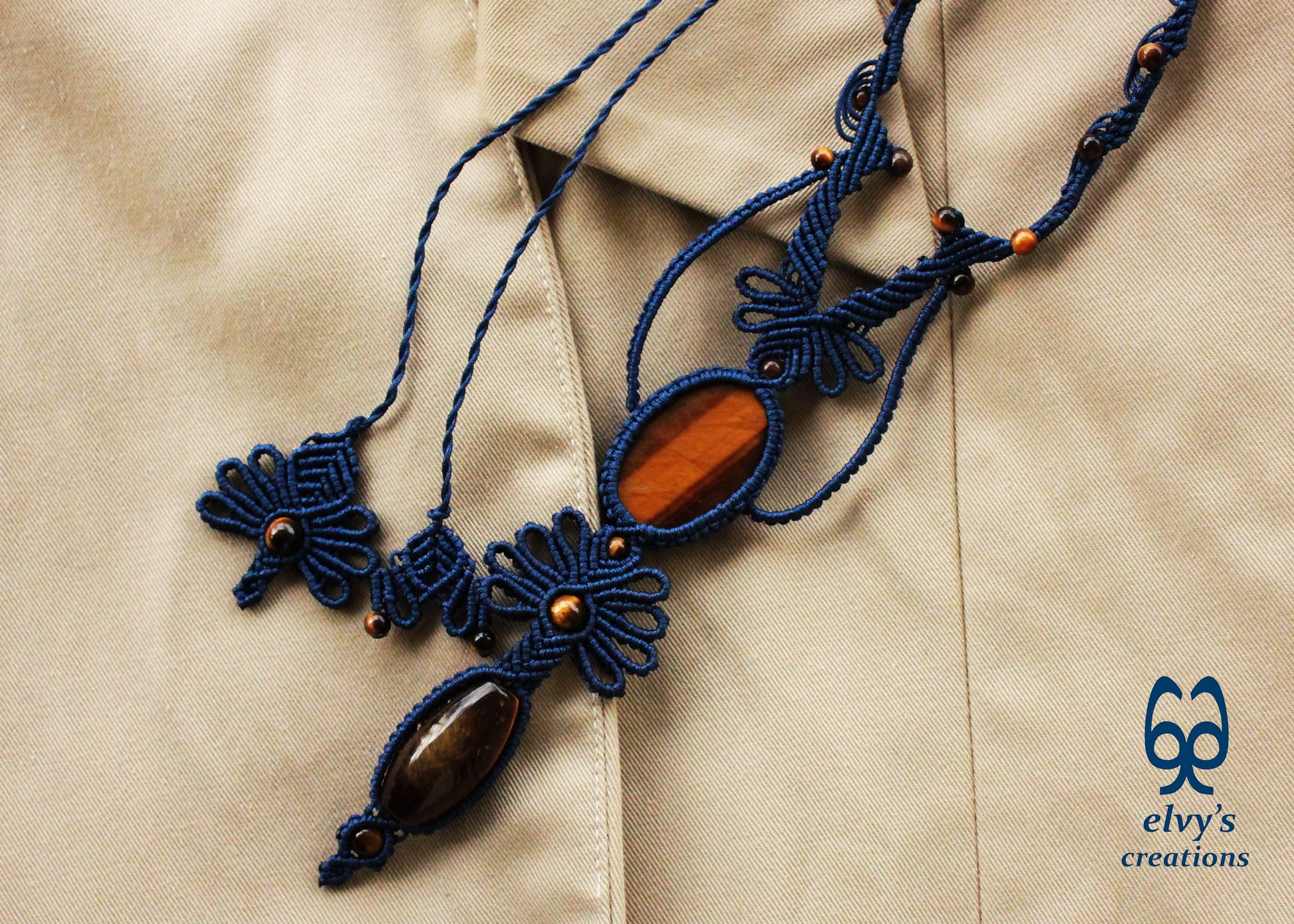 Blue Macramé Necklace with Tiger Eye Adjustable Flower Necklace Boho Blue Necklace