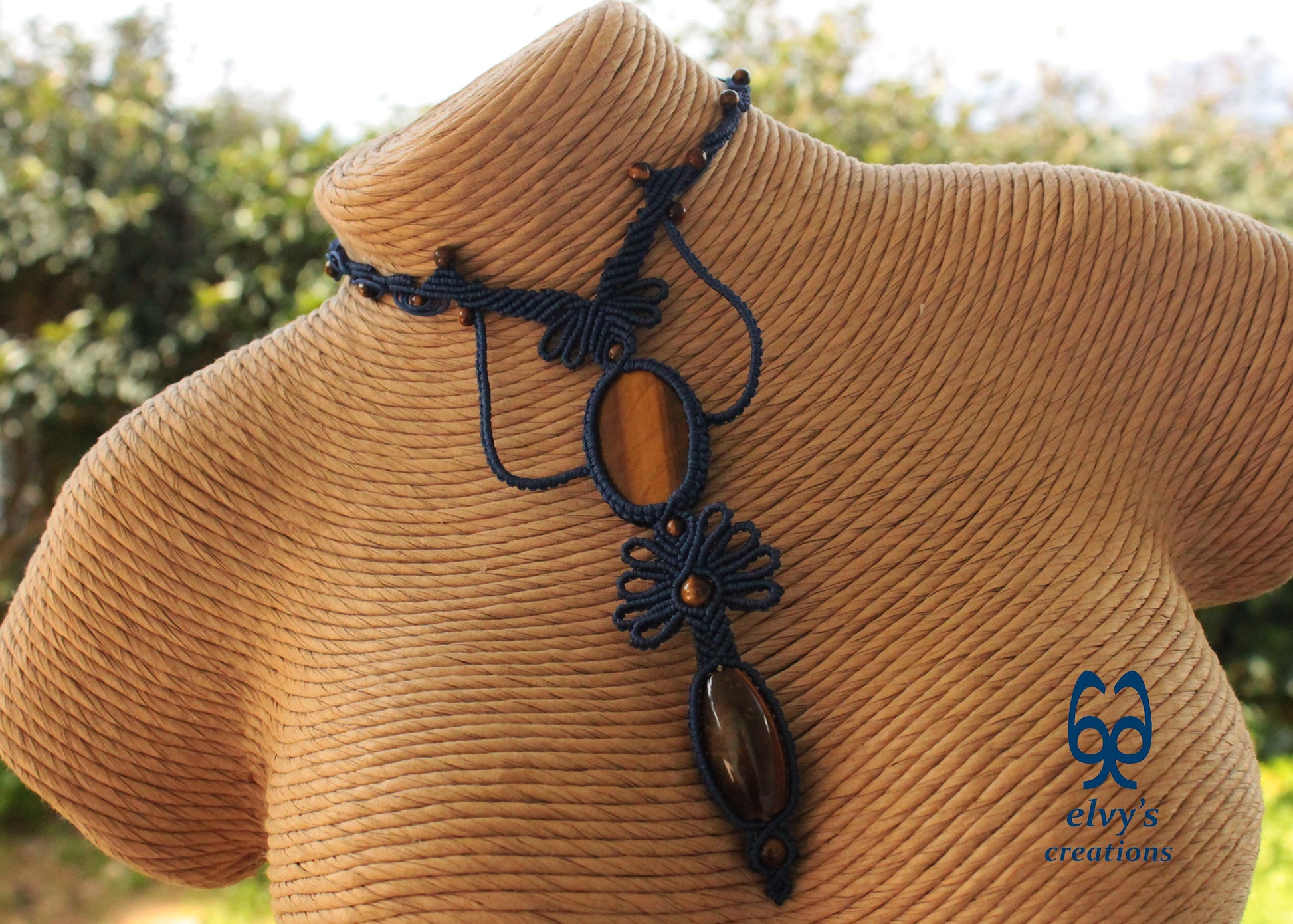 Blue Macramé Necklace with Tiger Eye Adjustable Flower Necklace Boho Blue Necklace