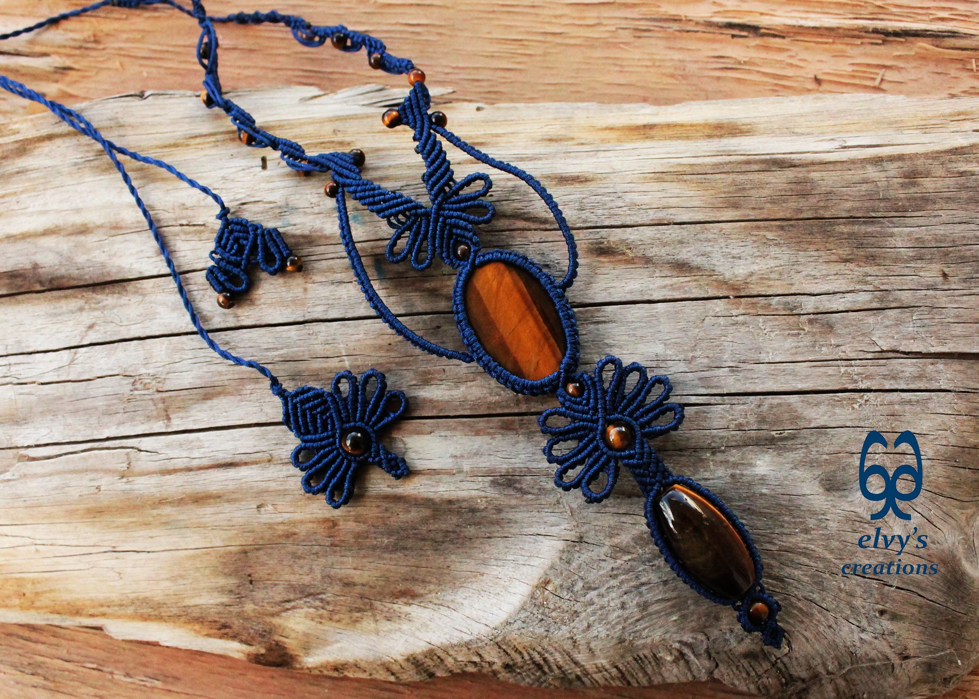 Blue Macramé Necklace with Tiger Eye Adjustable Flower Necklace Boho Blue Necklace