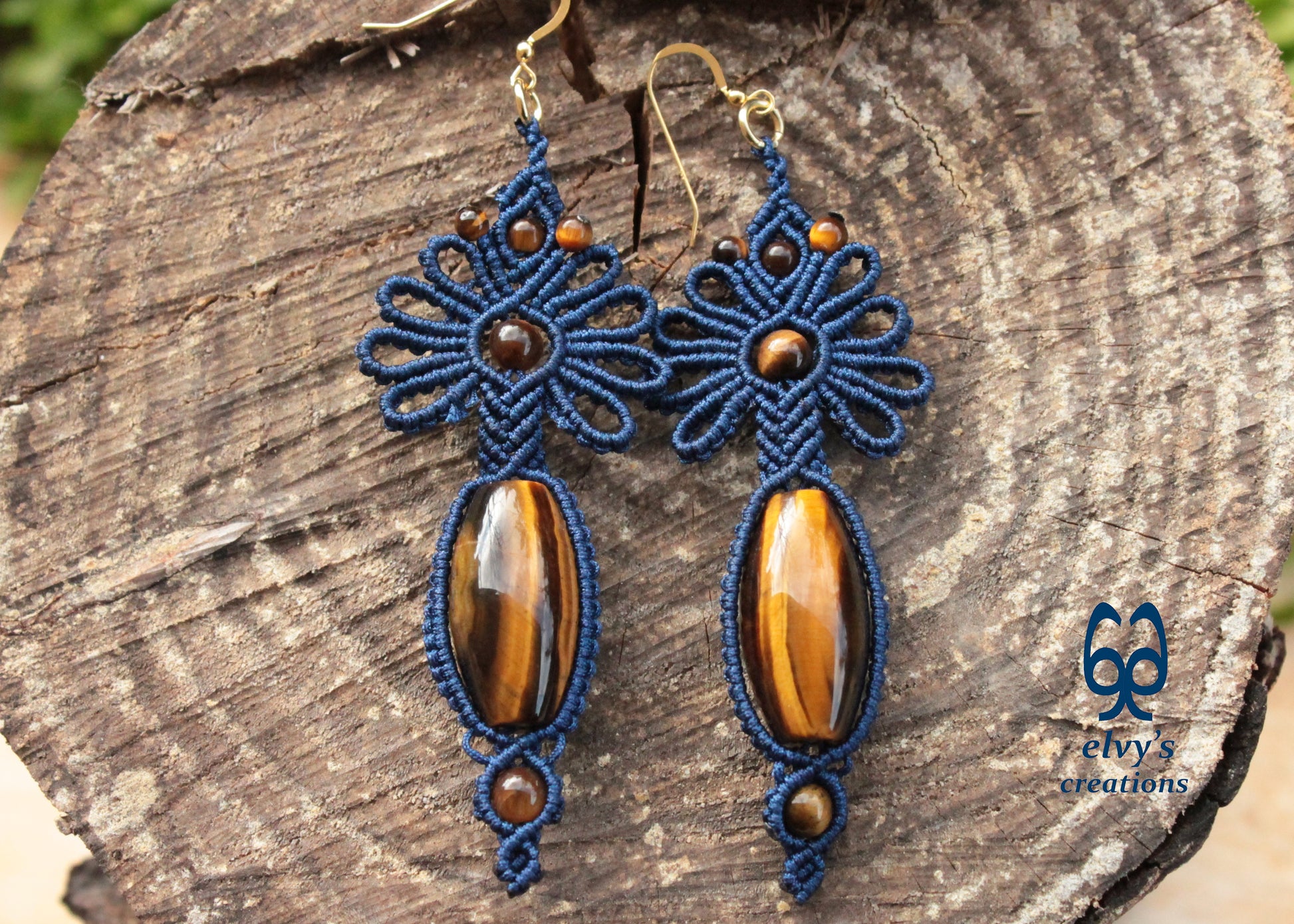 Blue Jewelry Set with Tiger Eye Gemstones Macrame Necklace and Earrings 