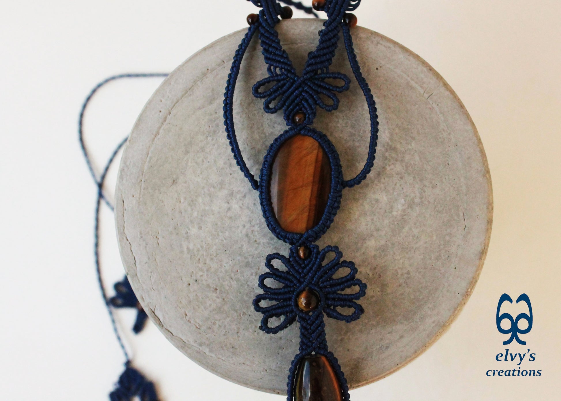 Blue Macramé Necklace with Tiger Eye Adjustable Flower Necklace Boho Blue Necklace