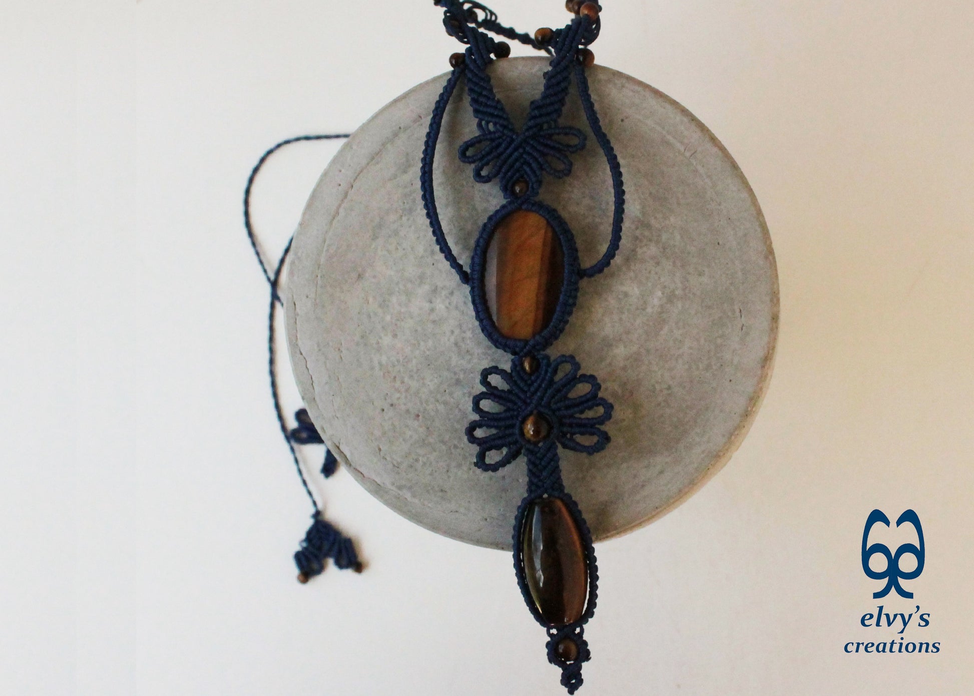 Blue Macramé Necklace with Tiger Eye Adjustable Flower Necklace Boho Blue Necklace