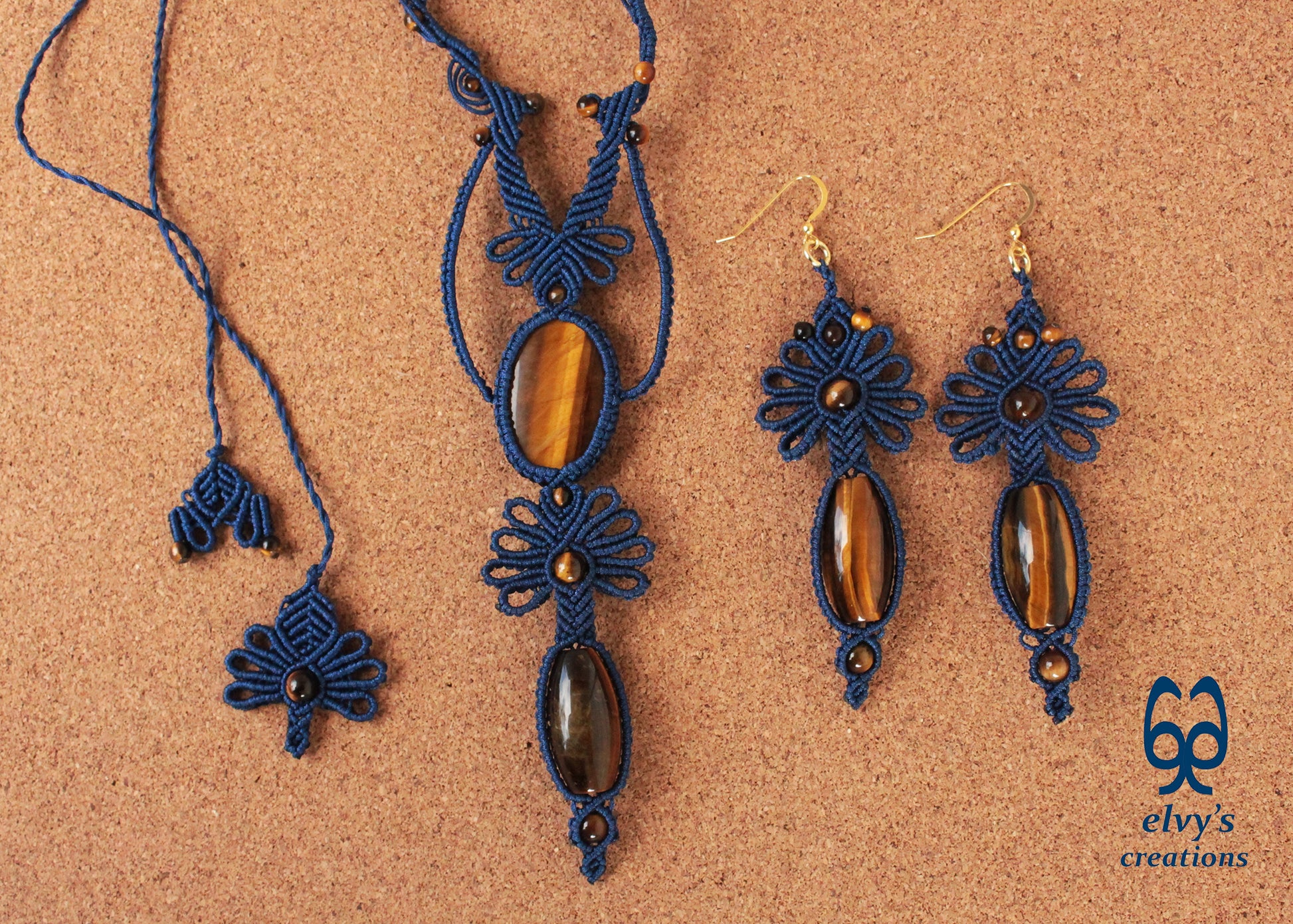 Blue Macrame Earrings with Tiger Eye Gemstones Flower Lace Silver Earrings