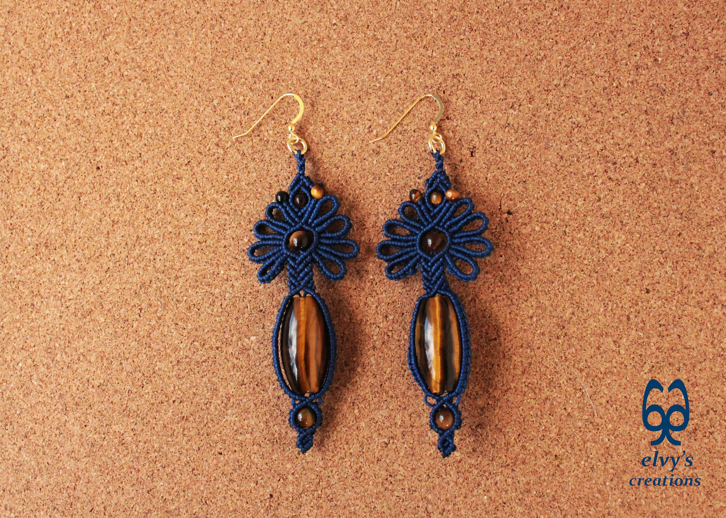 Blue Macrame Earrings with Tiger Eye Gemstones Flower Lace Silver Earrings