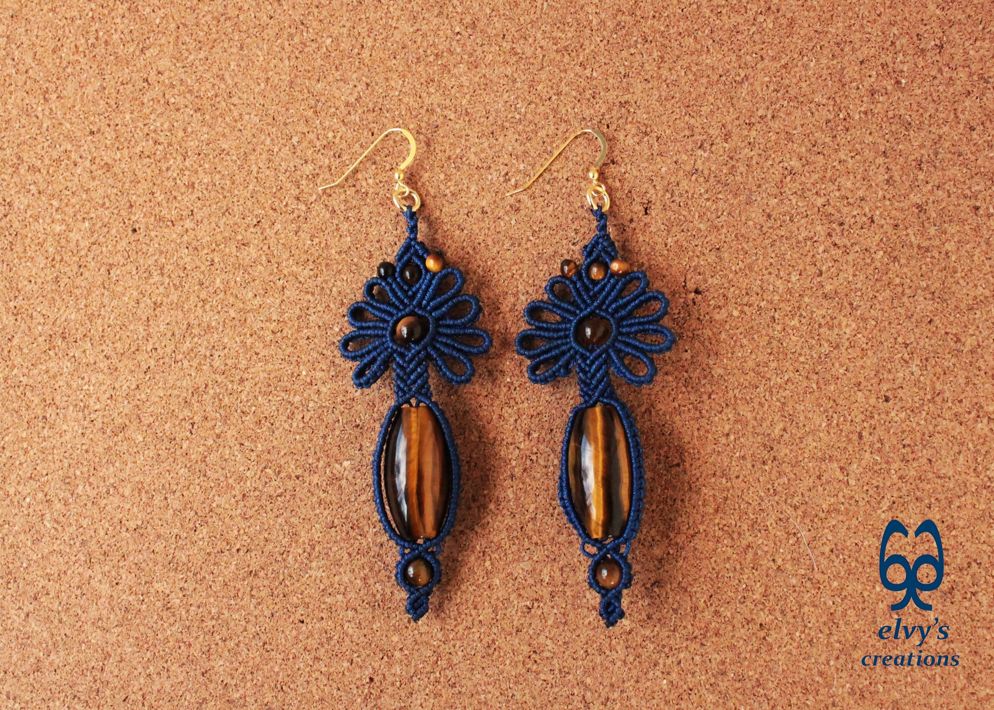 Blue Macrame Earrings with Tiger Eye Gemstones Flower Lace Silver Earrings