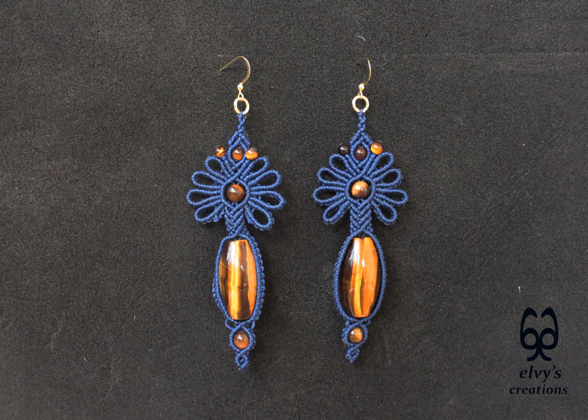 Blue Macrame Earrings with Tiger Eye Gemstones Flower Lace Silver Earrings