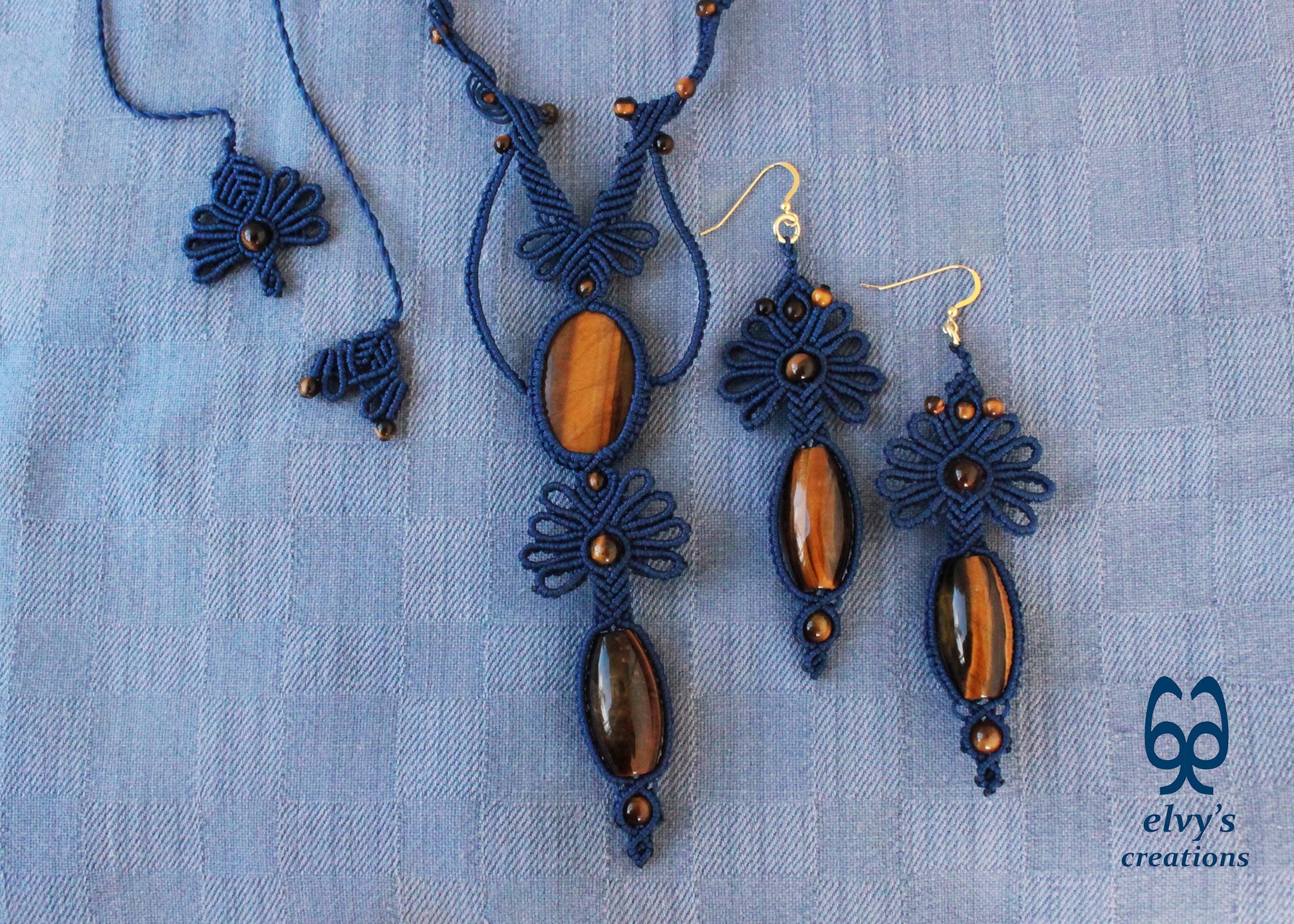 Blue Macrame Earrings with Tiger Eye Gemstones Flower Lace Silver Earrings