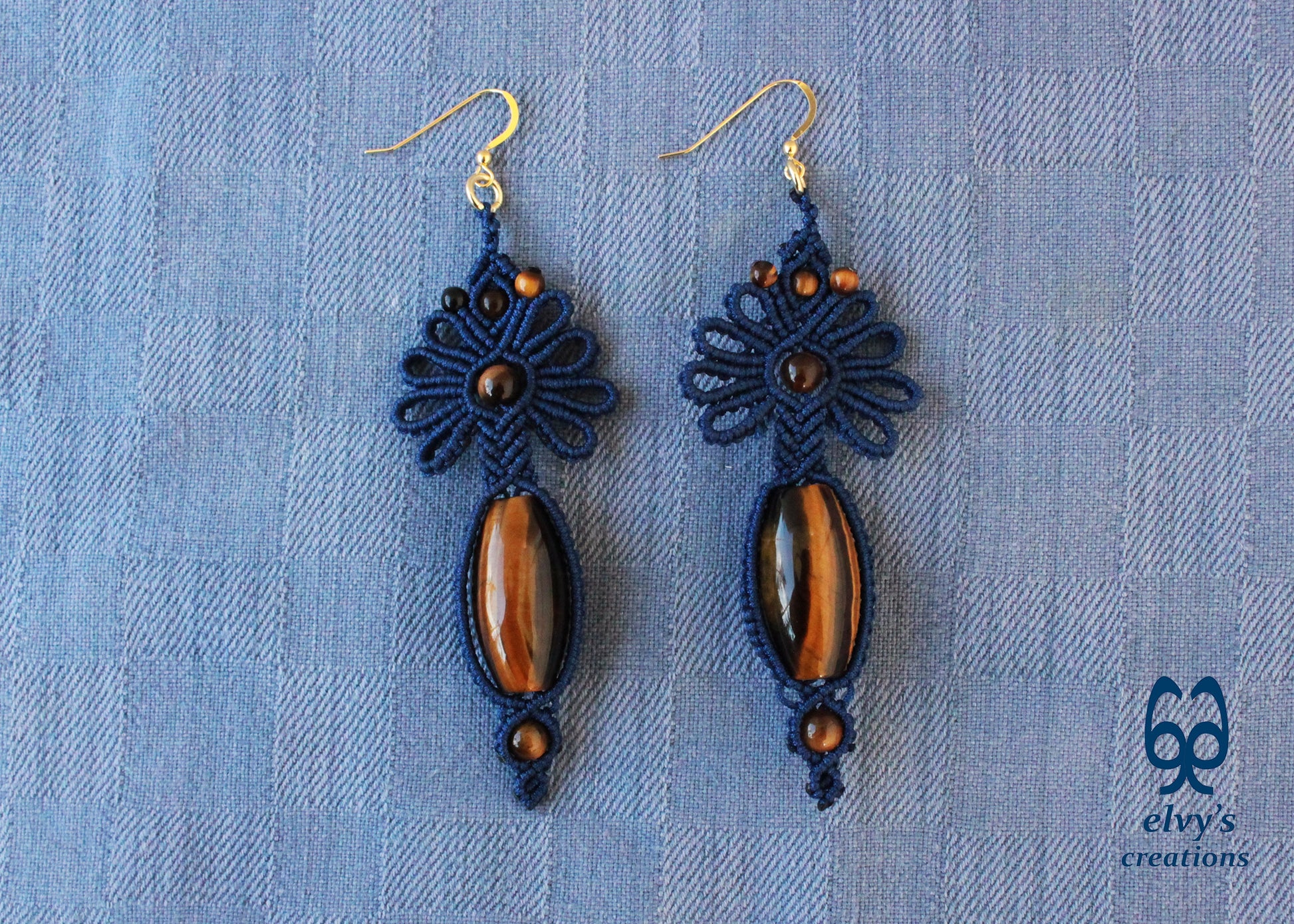 Blue Macrame Earrings with Tiger Eye Gemstones Flower Lace Silver Earrings