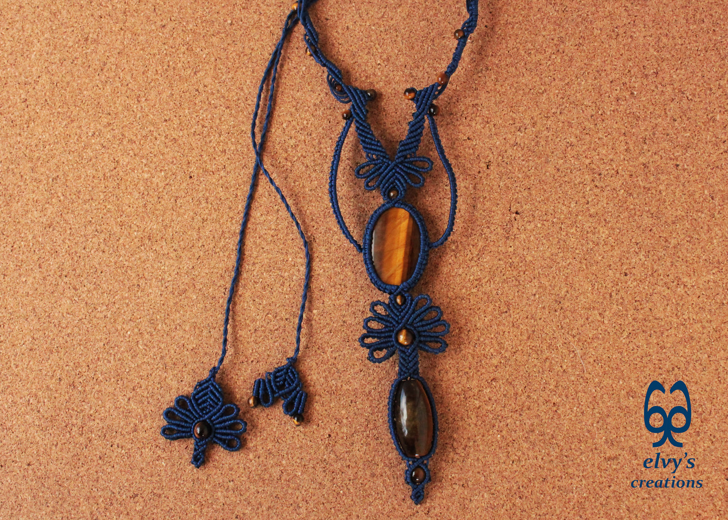 Blue Macramé Necklace with Tiger Eye Adjustable Flower Necklace Boho Blue Necklace