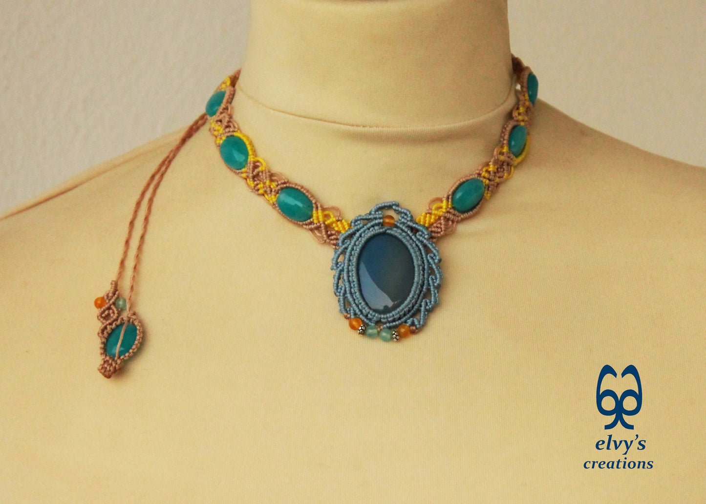 Blue Macrame Necklace Jade Gemstone Beige Choker Necklace Yellow Necklace 