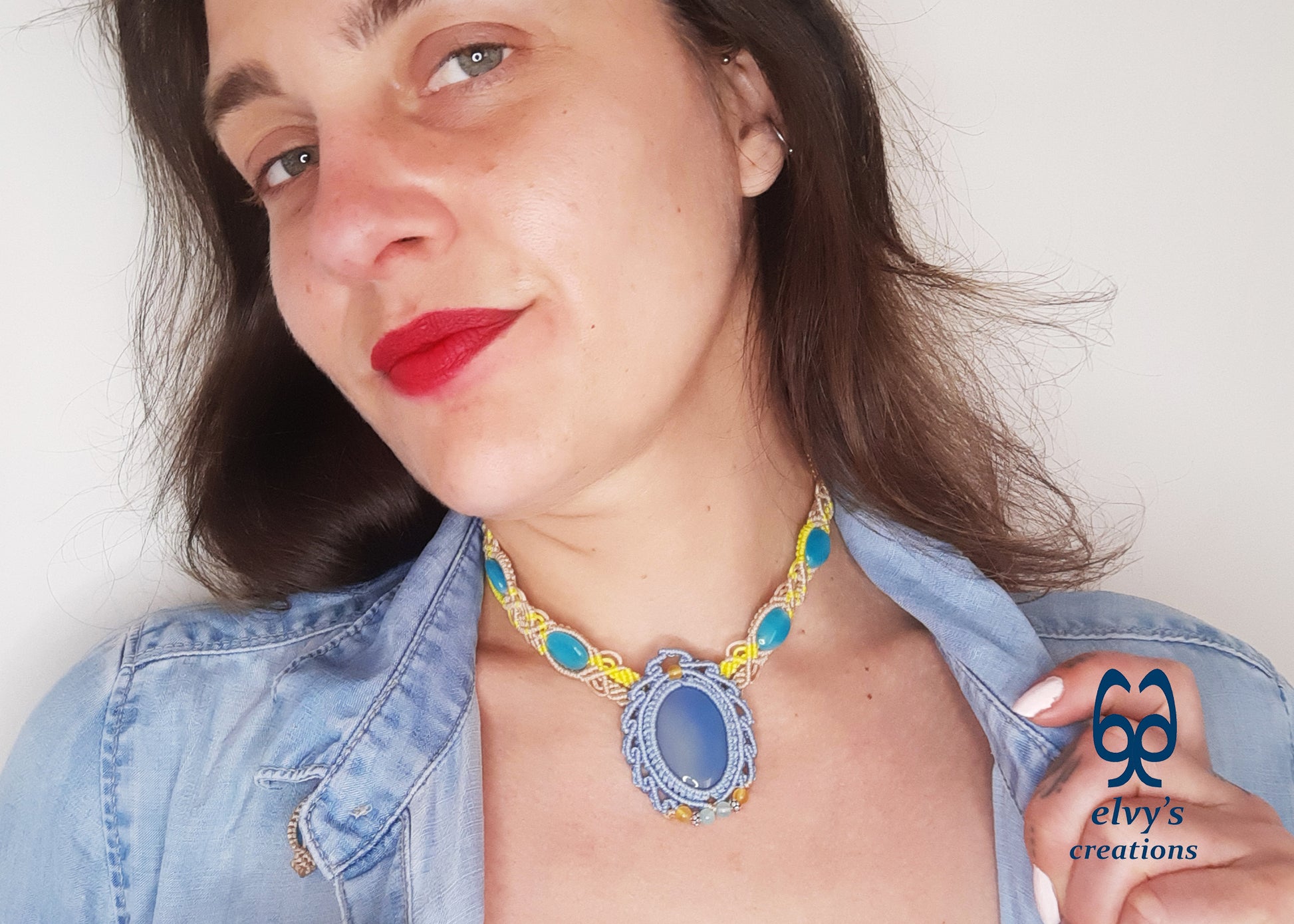 Blue Macrame Necklace Jade Gemstone Beige Choker Necklace Yellow Necklace 