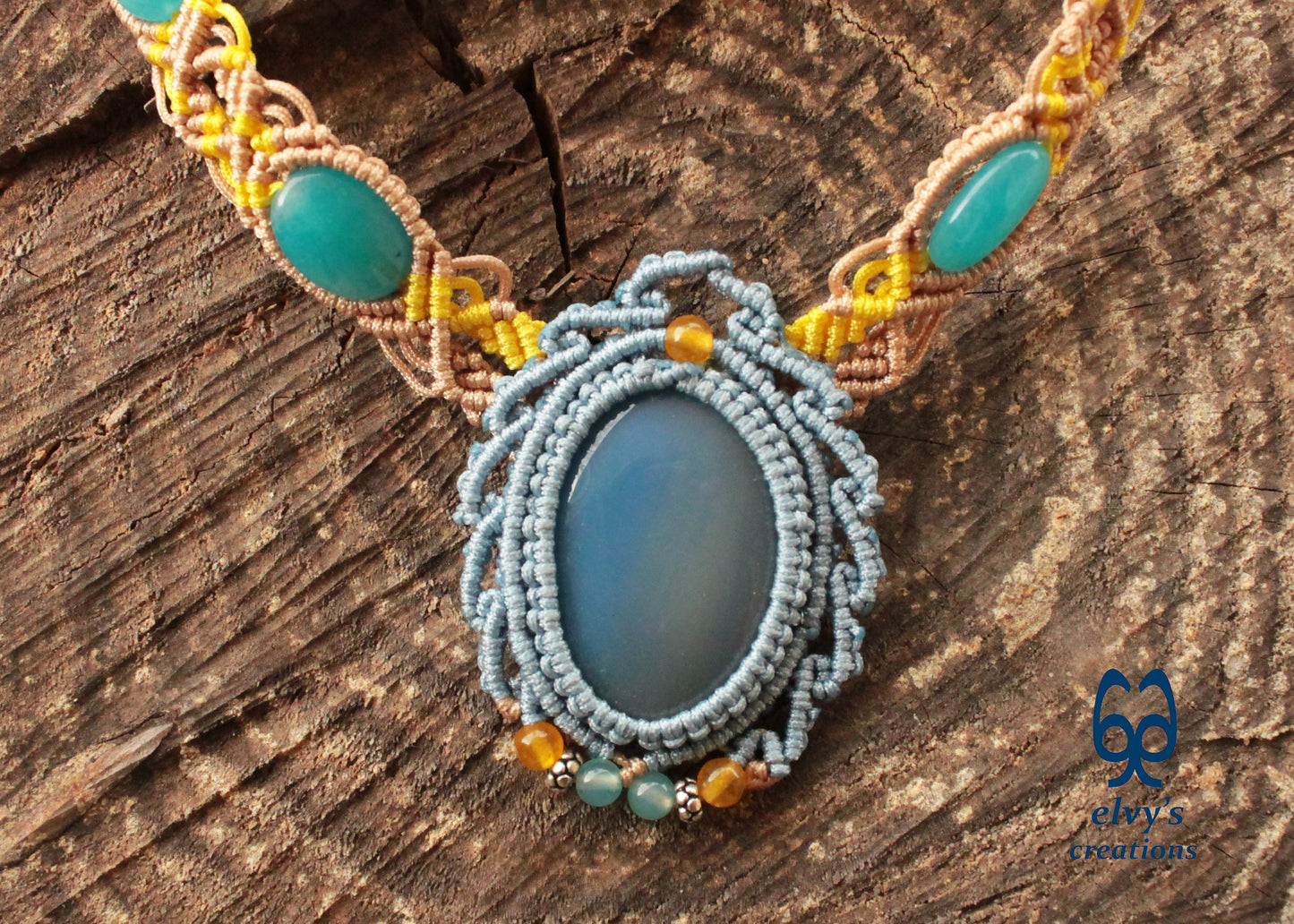Blue Macrame Necklace Jade Gemstone Beige Choker Necklace Yellow Necklace 