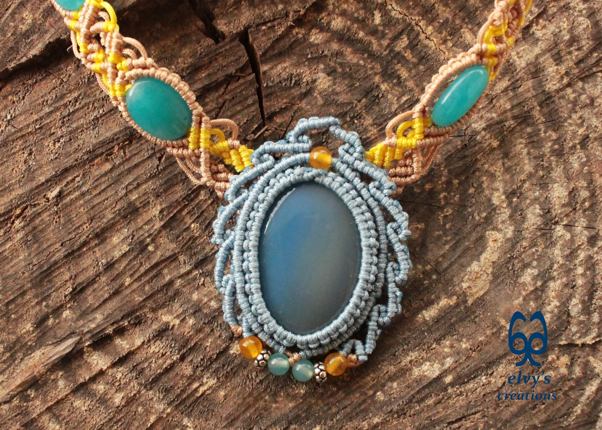 Blue Macrame Necklace Jade Gemstone Beige Choker Necklace Yellow Necklace 