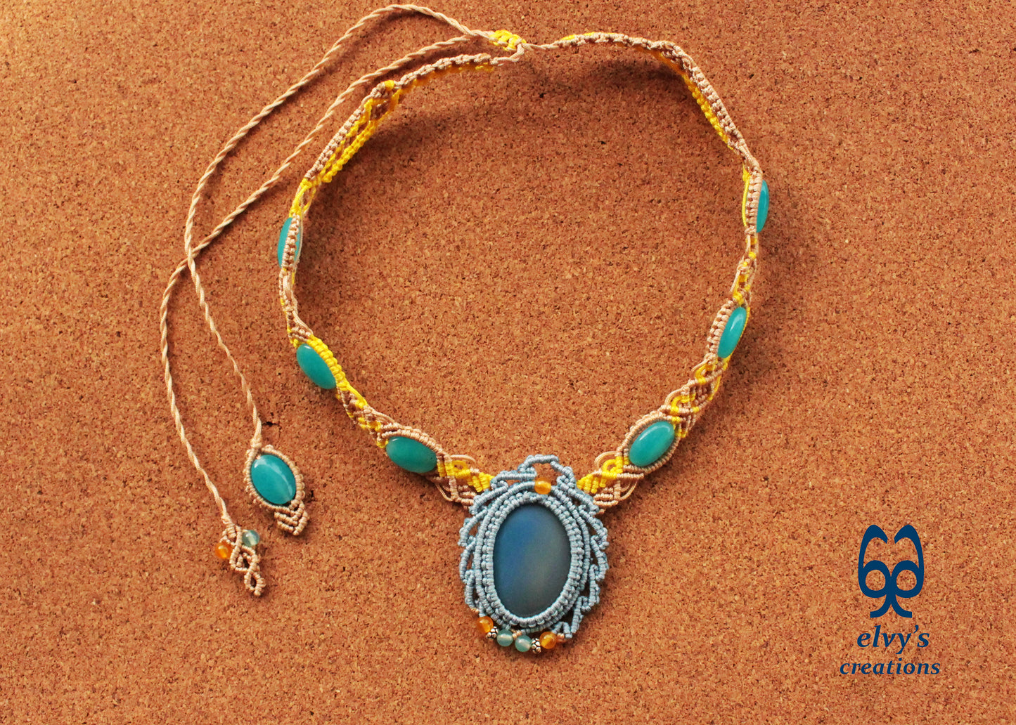 Blue Macrame Necklace Jade Gemstone Beige Choker Necklace Yellow Necklace 