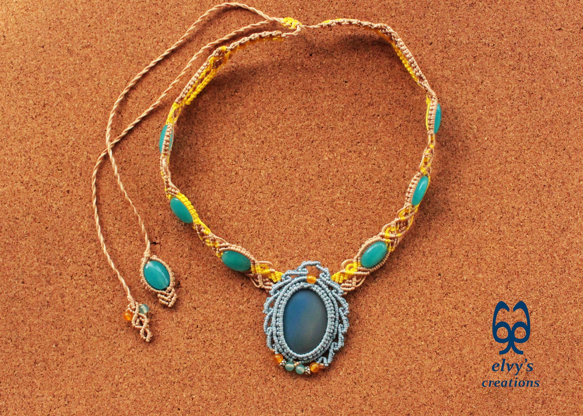 Blue Macrame Necklace Jade Gemstone Beige Choker Necklace Yellow Necklace 