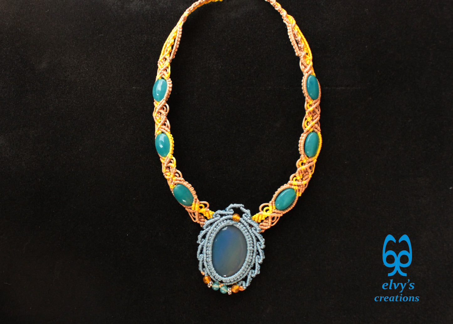 Blue Macrame Necklace Jade Gemstone Beige Choker Necklace Yellow Necklace 