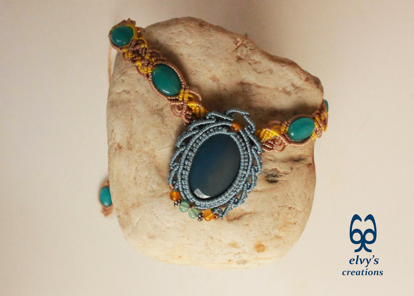 Blue Macrame Necklace Jade Gemstone Beige Choker Necklace Yellow Necklace 