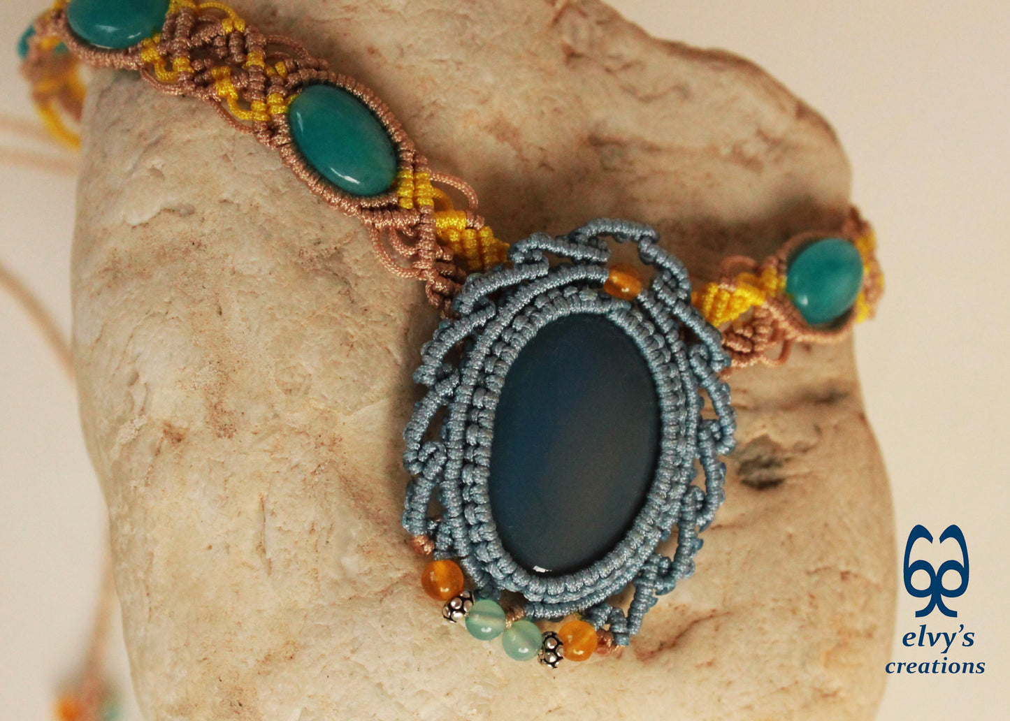 Blue Macrame Necklace Jade Gemstone Beige Choker Necklace Yellow Necklace 