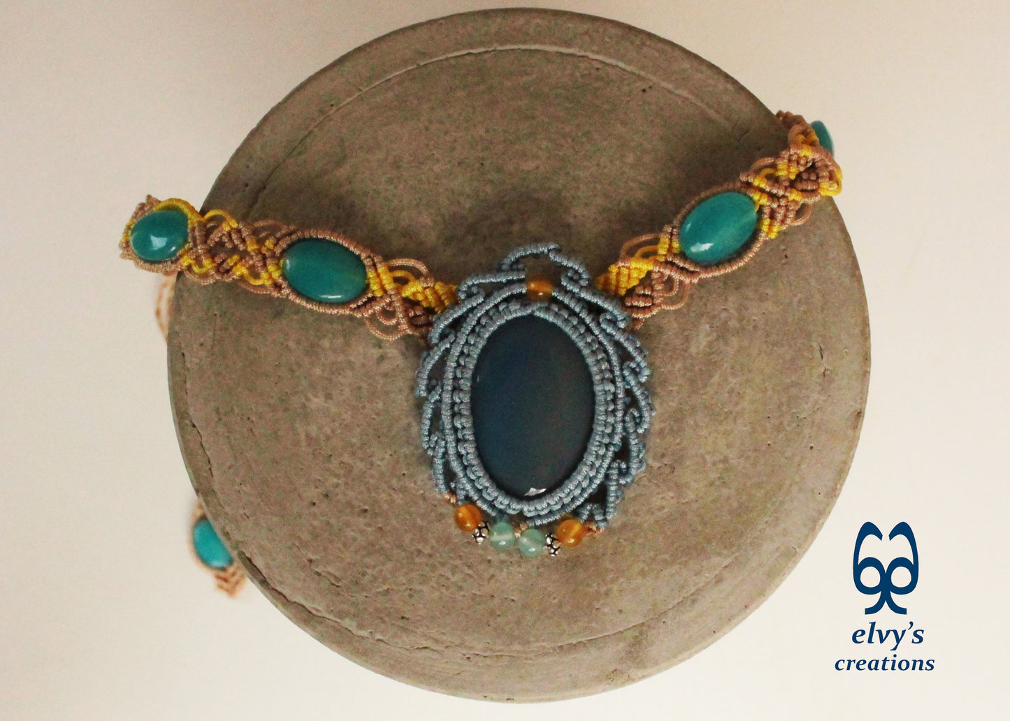 Blue Macrame Necklace Jade Gemstone Beige Choker Necklace Yellow Necklace 