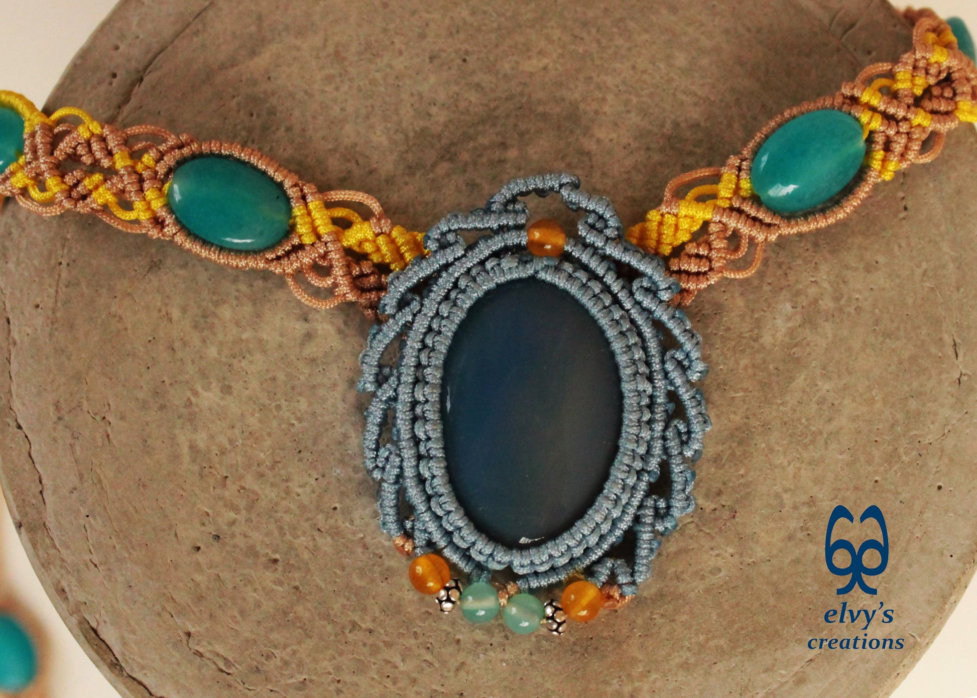 Blue Macrame Necklace Jade Gemstone Beige Choker Necklace Yellow Necklace 