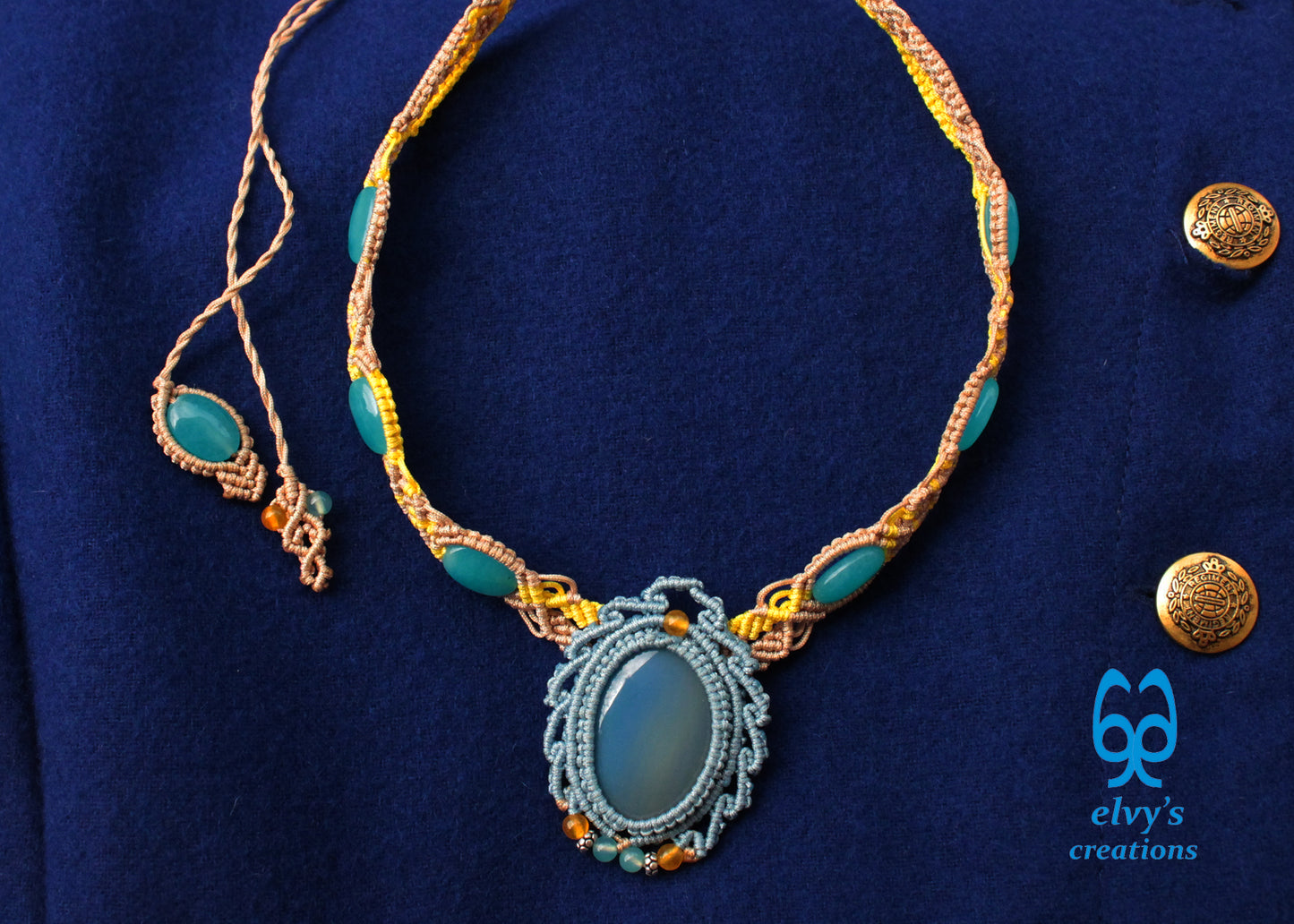 Blue Macrame Necklace Jade Gemstone Beige Choker Necklace Yellow Necklace 