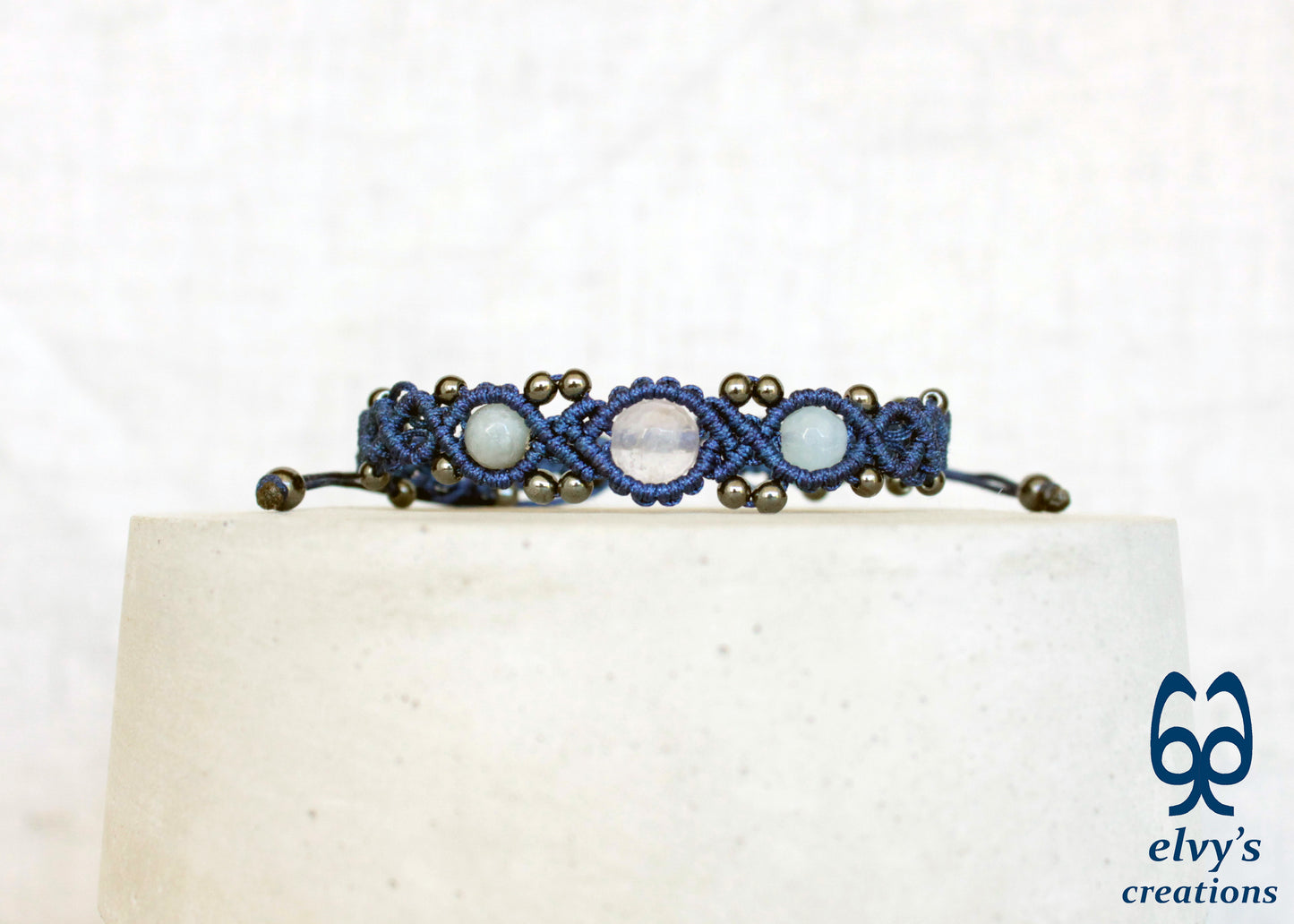 Blue Beaded Macrame Cuff Bracelet With White and Blue Quartz and Gray Hematite Gemstones Bracelet Gift for her