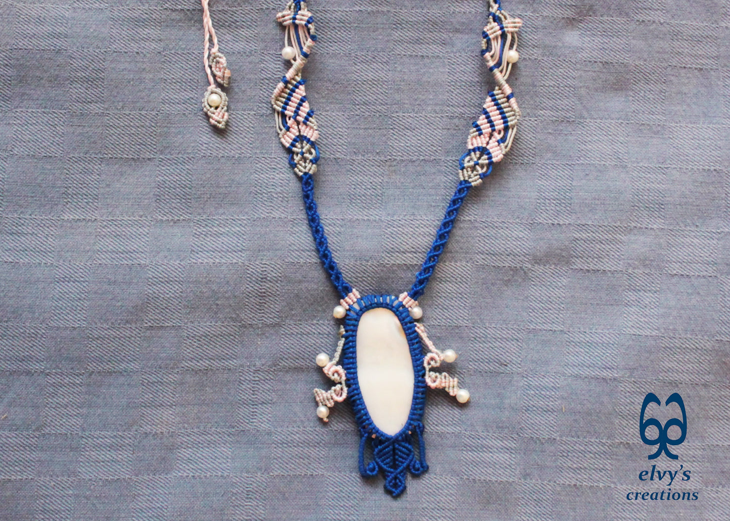 Blue Macrame Choker Necklace with Pearl Gemstones Lace Choker Necklace