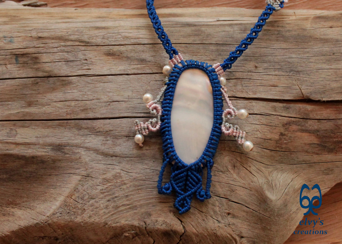 Blue Macrame Choker Necklace with Pearl Gemstones Lace Choker Necklace