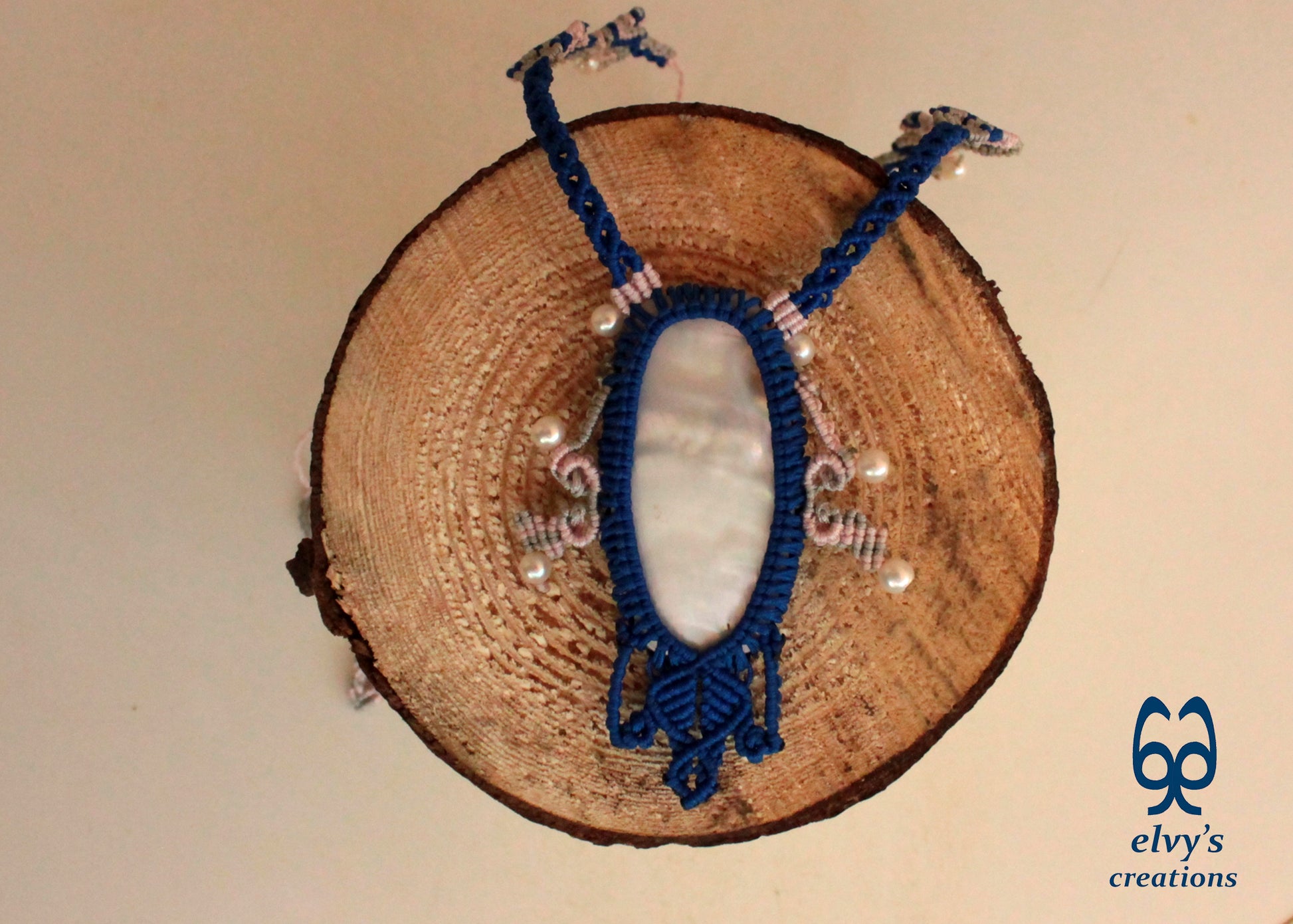 Blue Macrame Choker Necklace with Pearl Gemstones Lace Choker Necklace