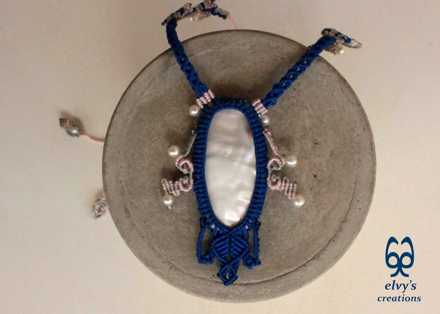 Blue Macrame Choker Necklace with Pearl Gemstones Lace Choker Necklace