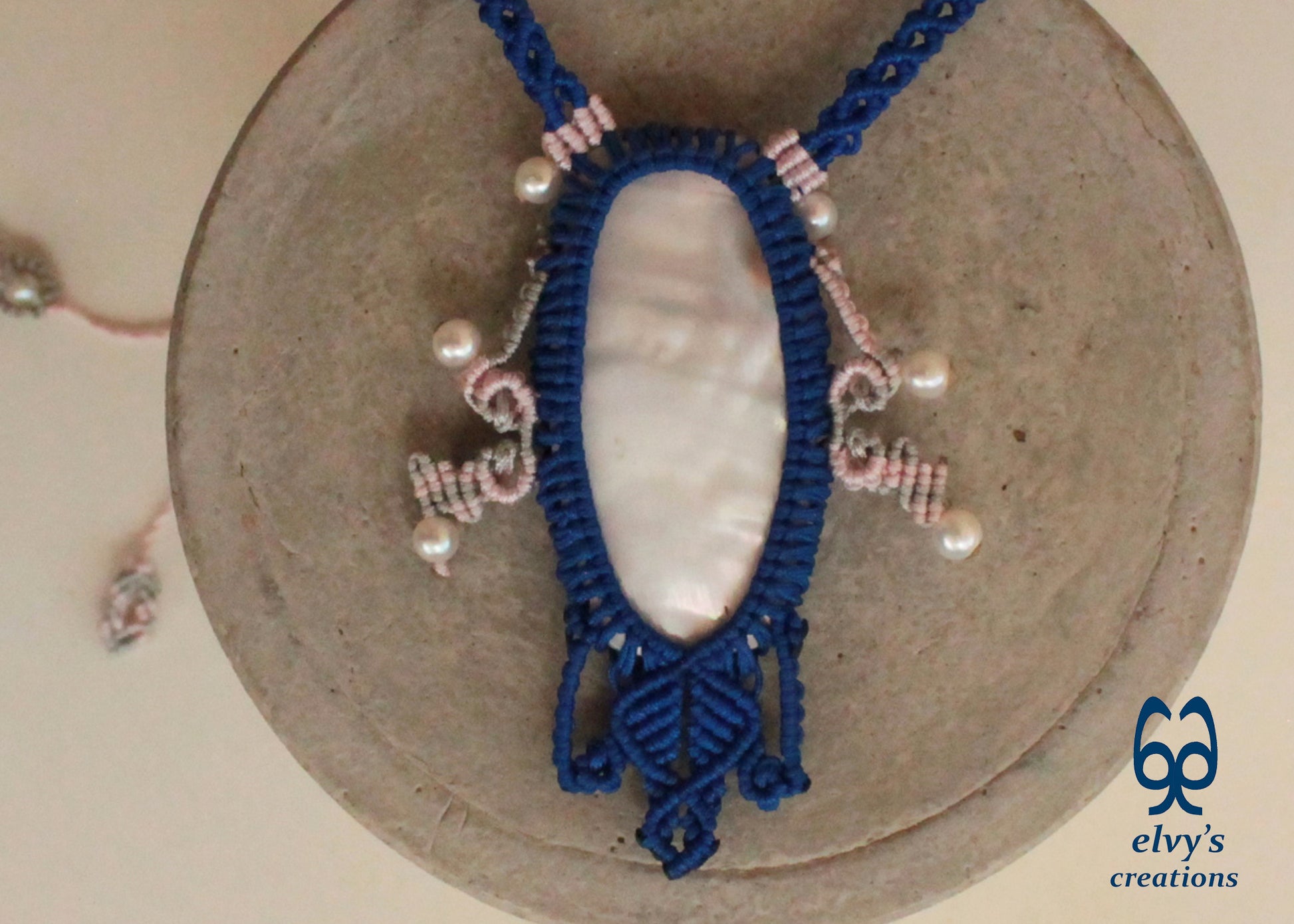 Blue Macrame Choker Necklace with Pearl Gemstones Lace Choker Necklace