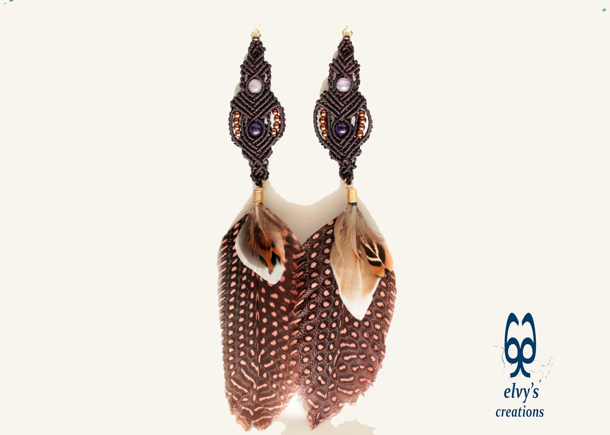 Brown Macrame Beaded Earrings with Amethyst, Quartz and Hematite Gemstones and feathers