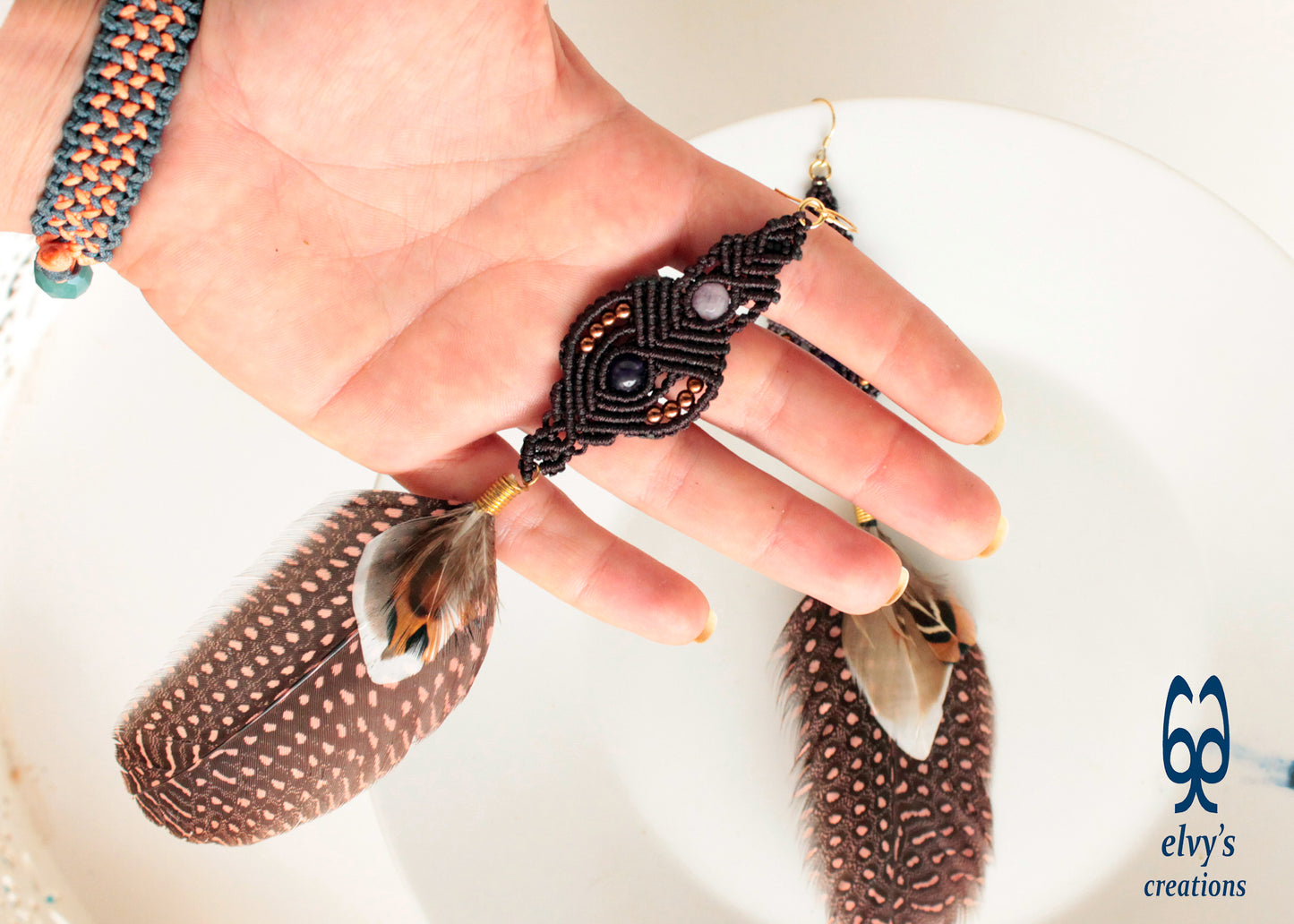 Brown Macrame Beaded Earrings with Amethyst, Quartz and Hematite Gemstones and feathers