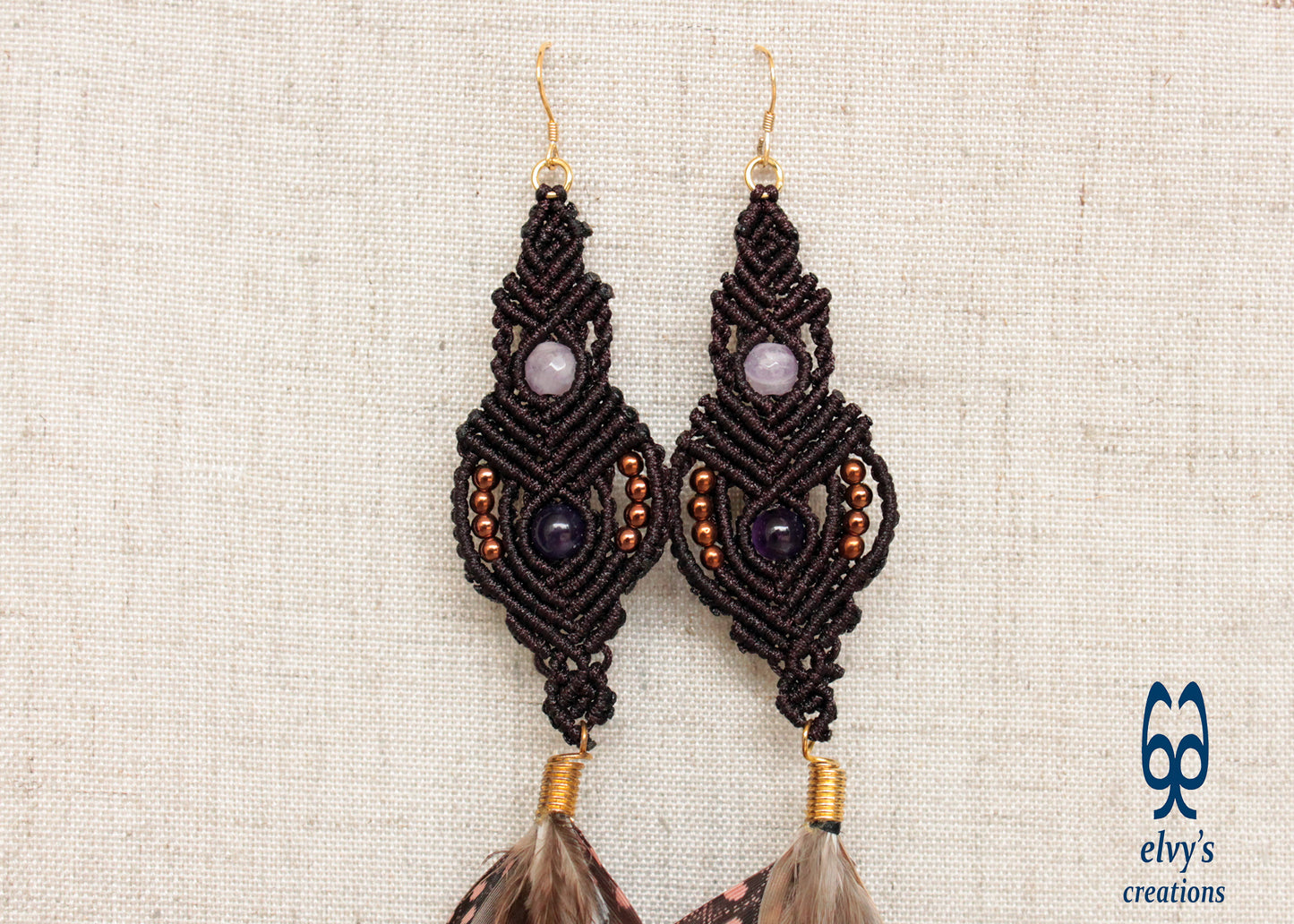 Brown Macrame Beaded Earrings with Amethyst, Quartz and Hematite Gemstones and feathers