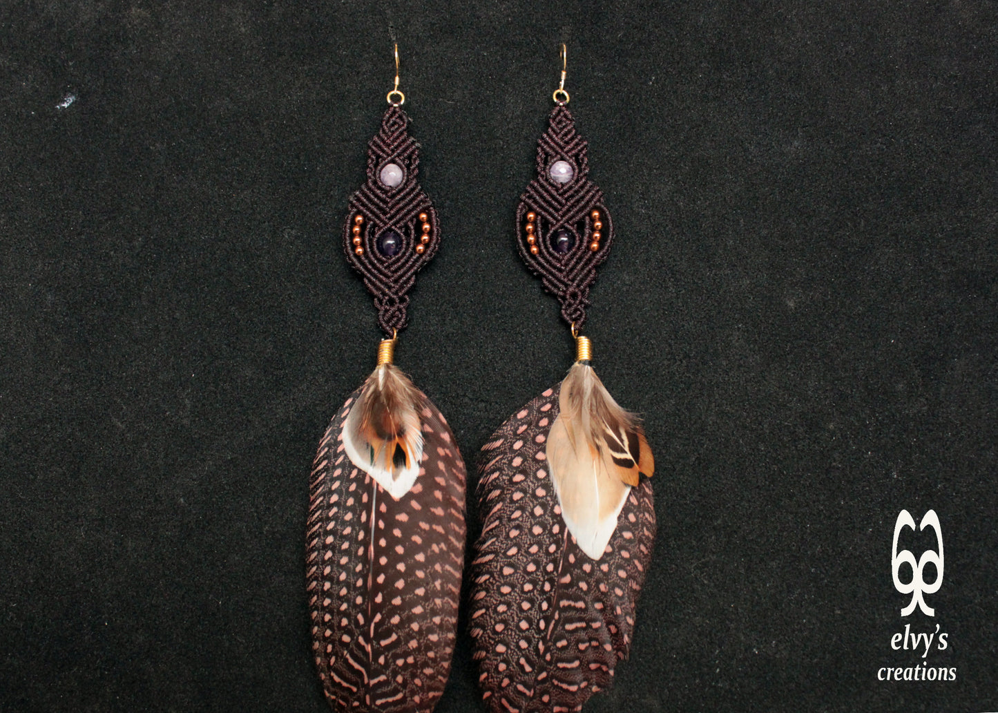 Brown Macrame Beaded Earrings with Amethyst, Quartz and Hematite Gemstones and feathers