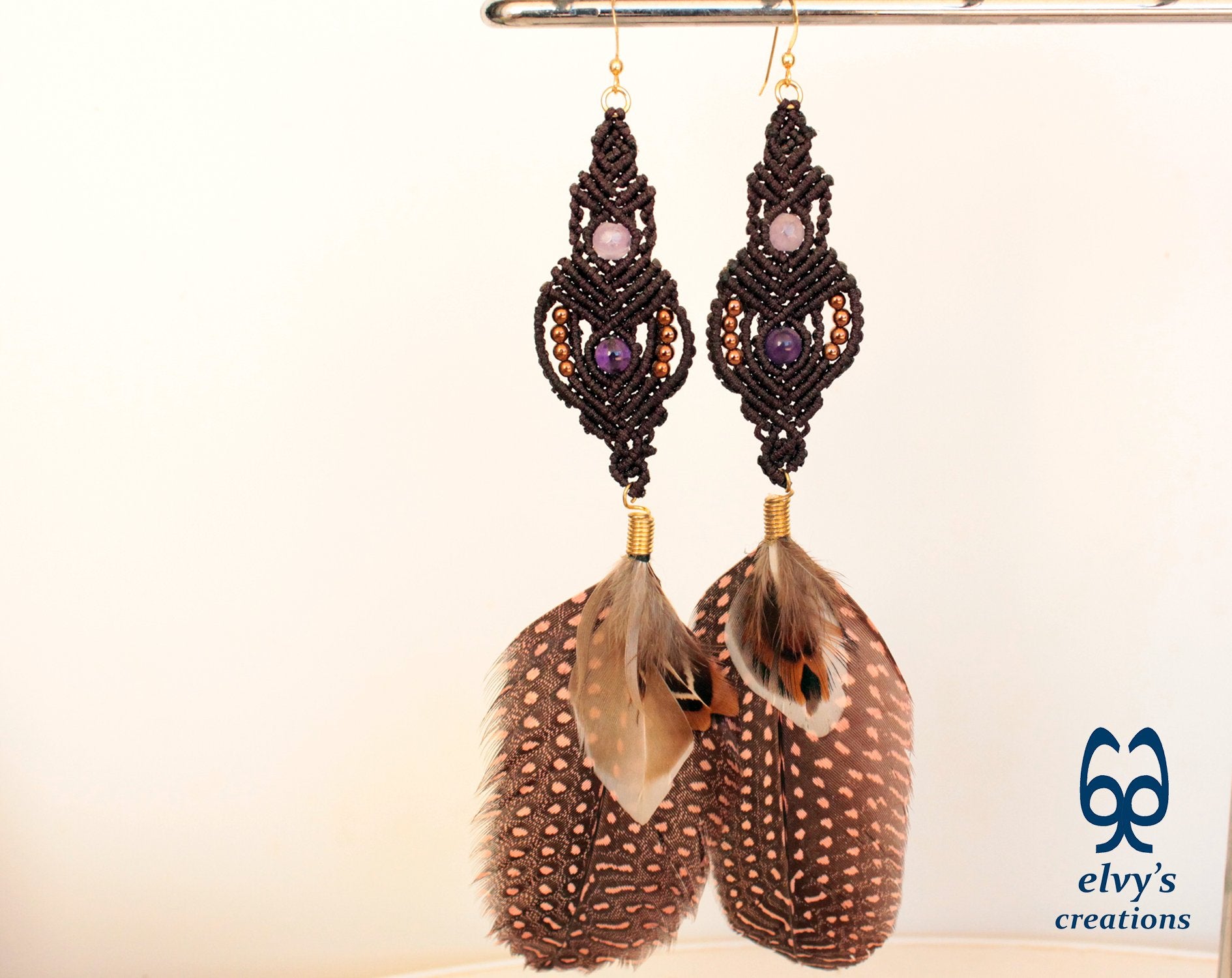 Brown Macrame Beaded Minimal Handmade Earrings Amethyst, Quartz Gemstones feathers