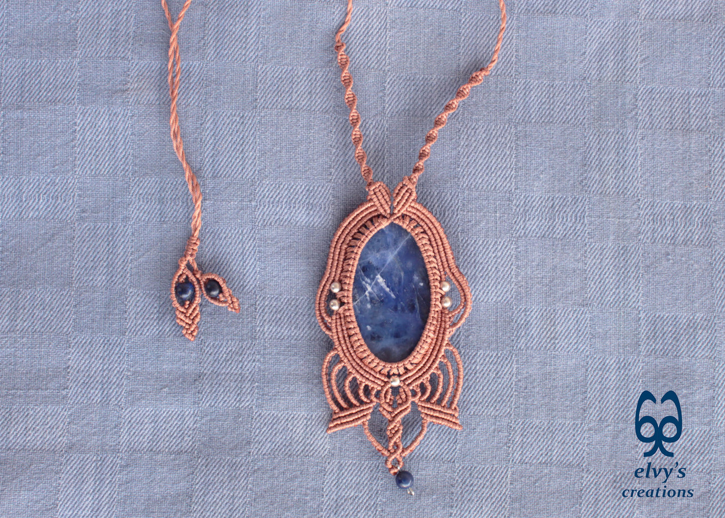 Handmade Blue Macrame Necklace with Crystal Lapis Lazuli Gemstones Sodalite Necklace Pendant