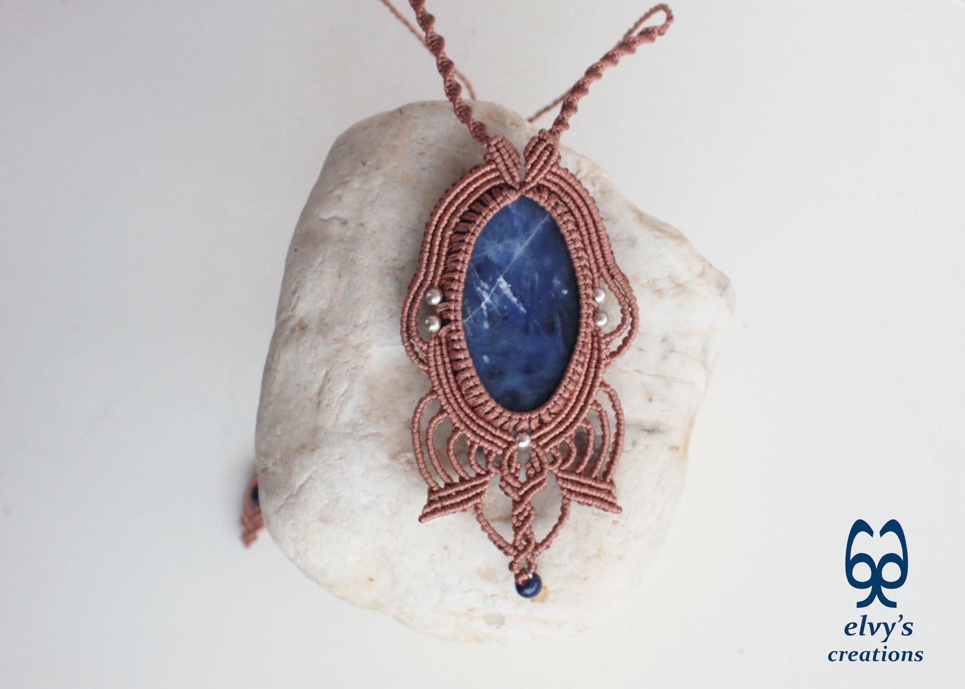 Handmade Blue Macrame Necklace with Crystal Lapis Lazuli Gemstones Sodalite Necklace Pendant