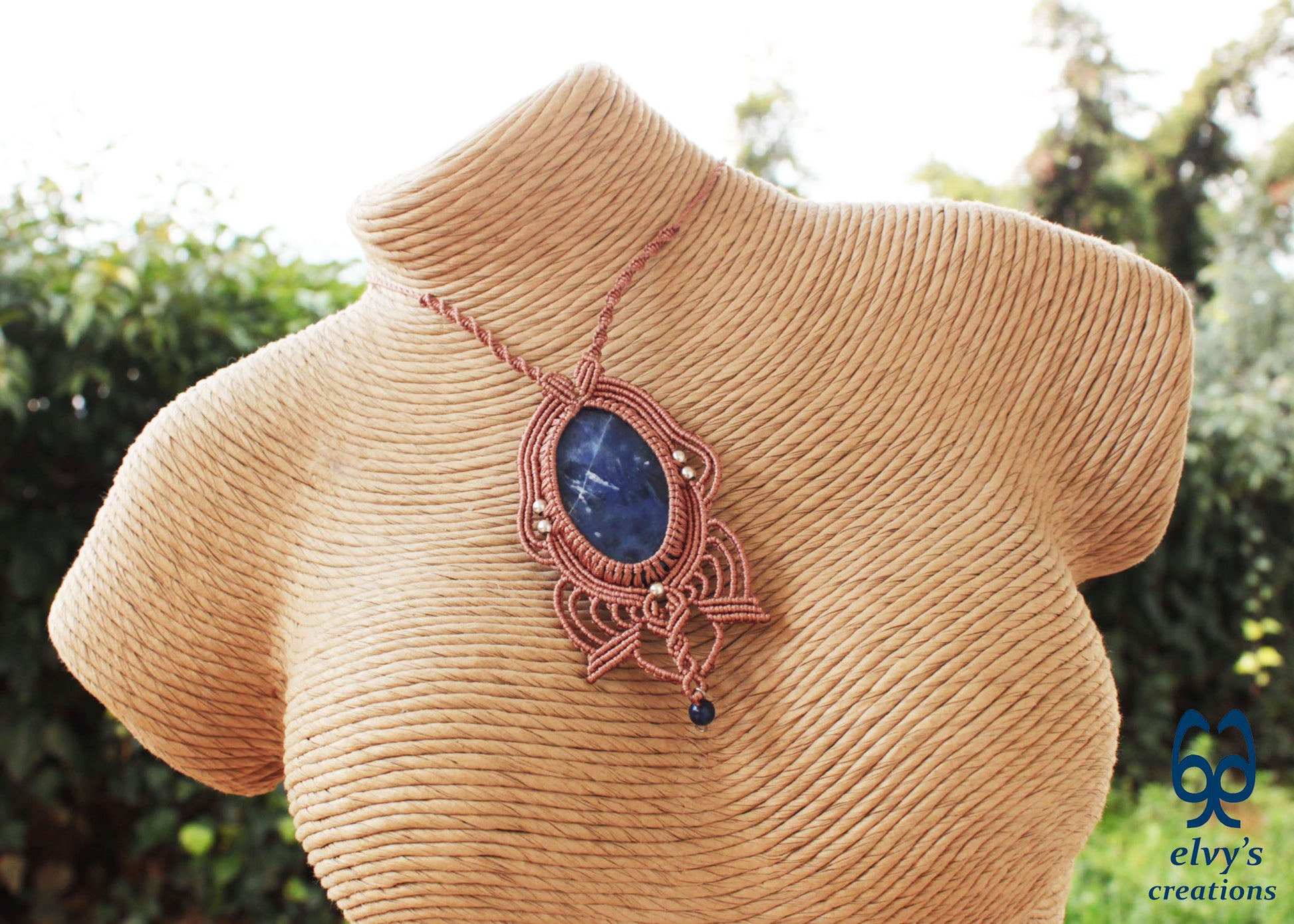 Handmade Blue Macrame Necklace with Crystal Lapis Lazuli Gemstones Sodalite Necklace Pendant