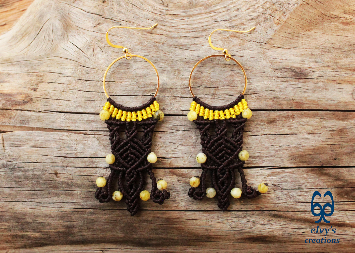 Brown Macrame Hoop Earrings with Yellow Moss Agate Gemstones Silver Earrings