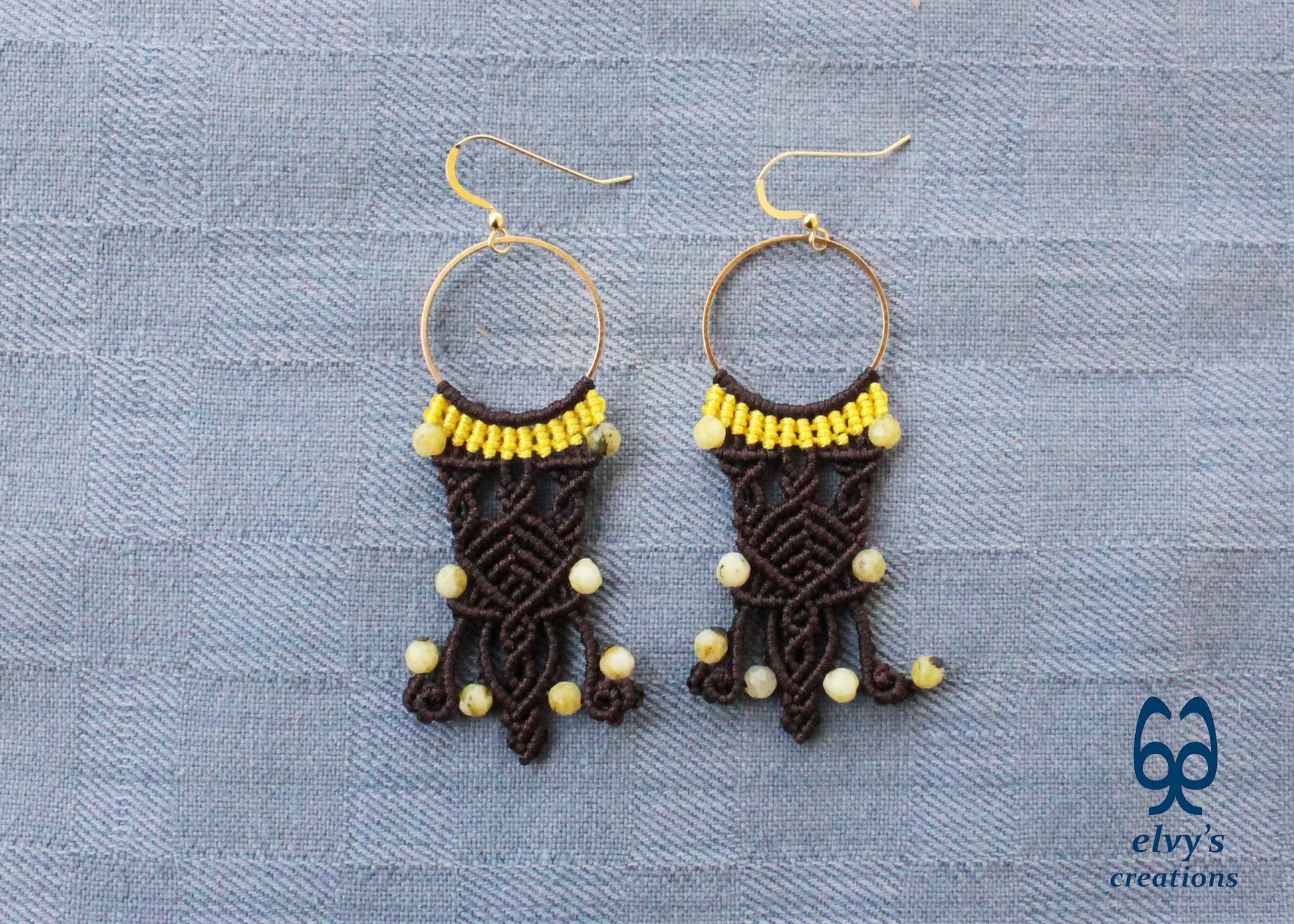 Brown Macrame Hoop Earrings with Yellow Moss Agate Gemstones Silver Earrings