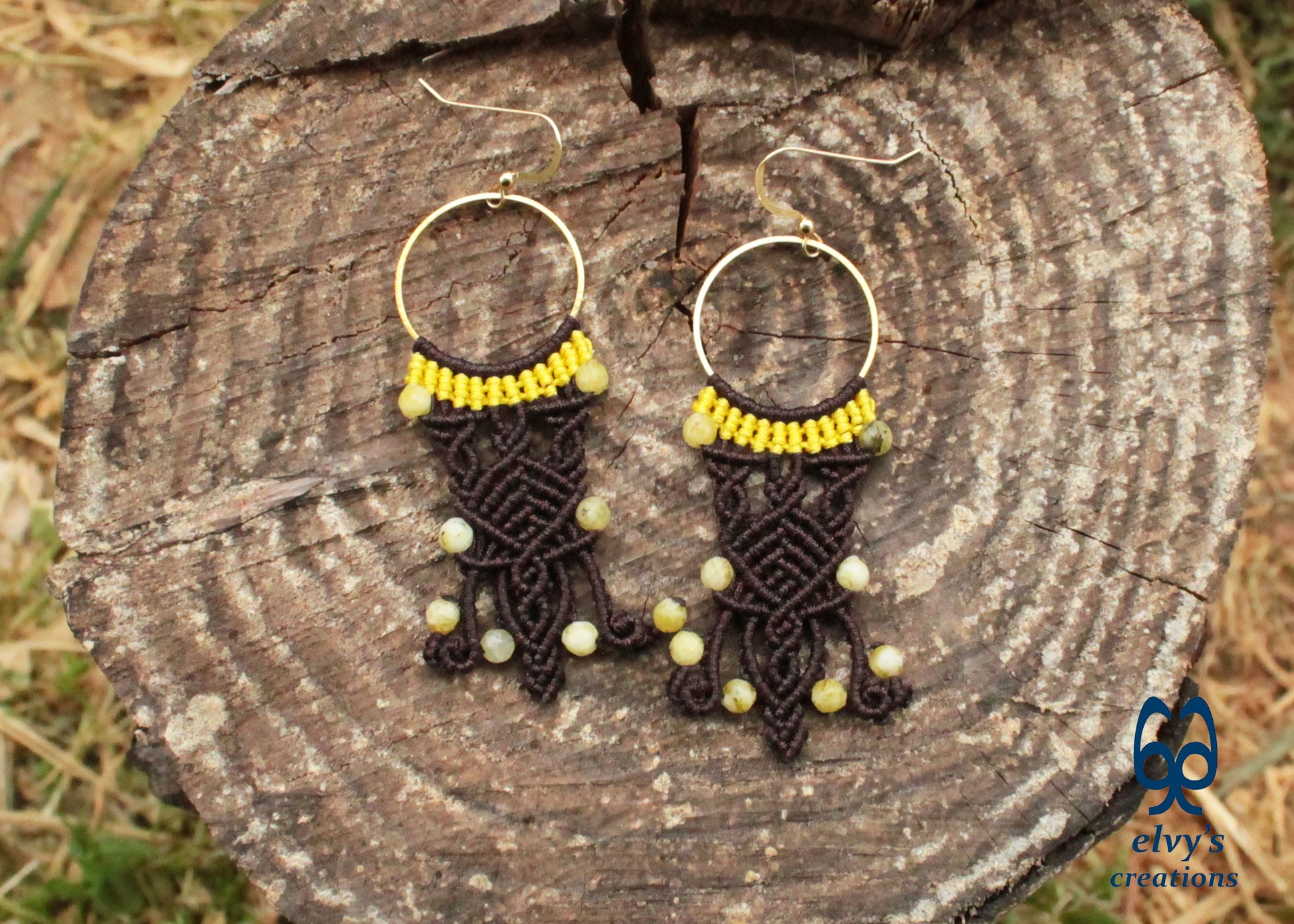 Brown Macrame Hoop Earrings with Yellow Moss Agate Gemstones Silver Earrings