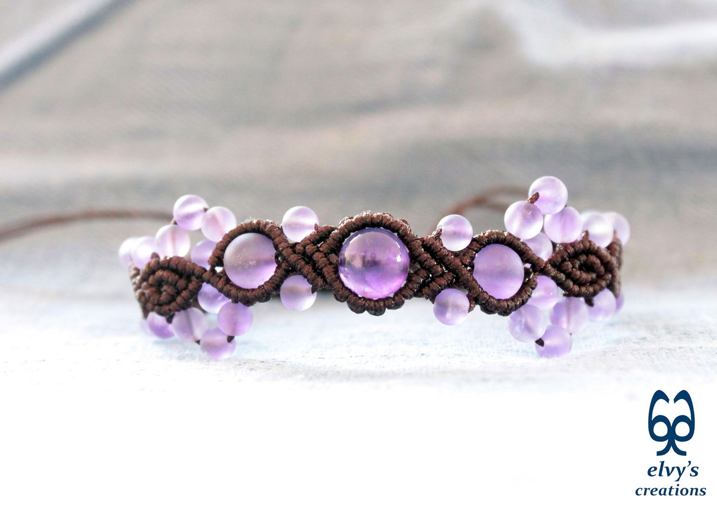 Amethyst Macrame Bracelet, Gemstone Beaded Cuff, Unique Birthday Gift for Women