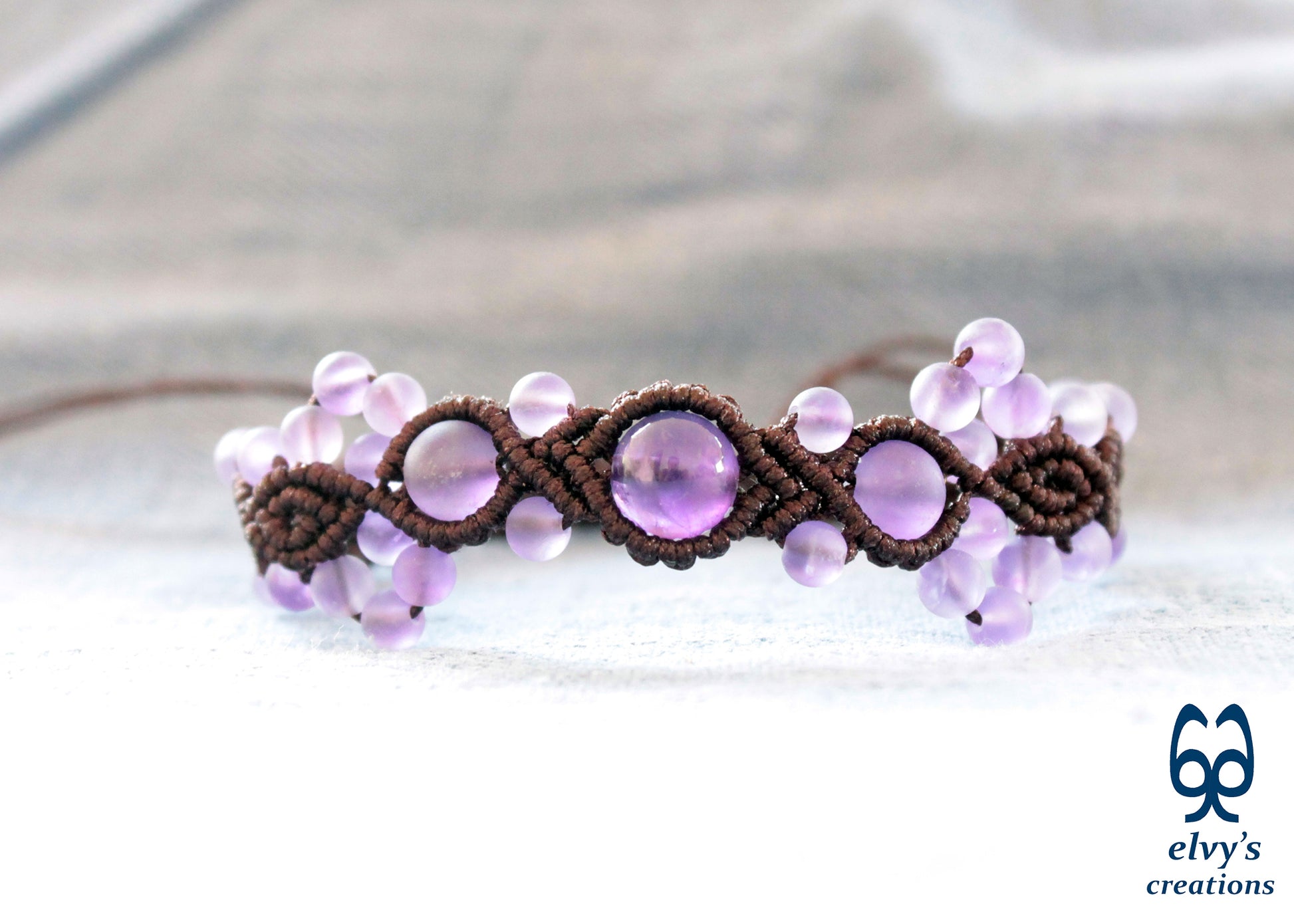 Amethyst Macrame Bracelet, Gemstone Beaded Cuff, Unique Birthday Gift for Women